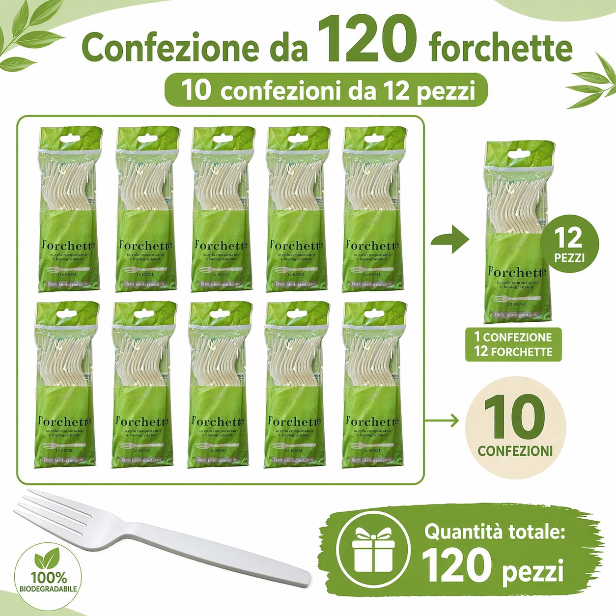 120 Biodegradowalne i kompostowalne widelce białe sztućce z włókna cukru 10 opakowań 12 sztuk organicznych zastawa stołowa Eco Friendly (120 widelców)