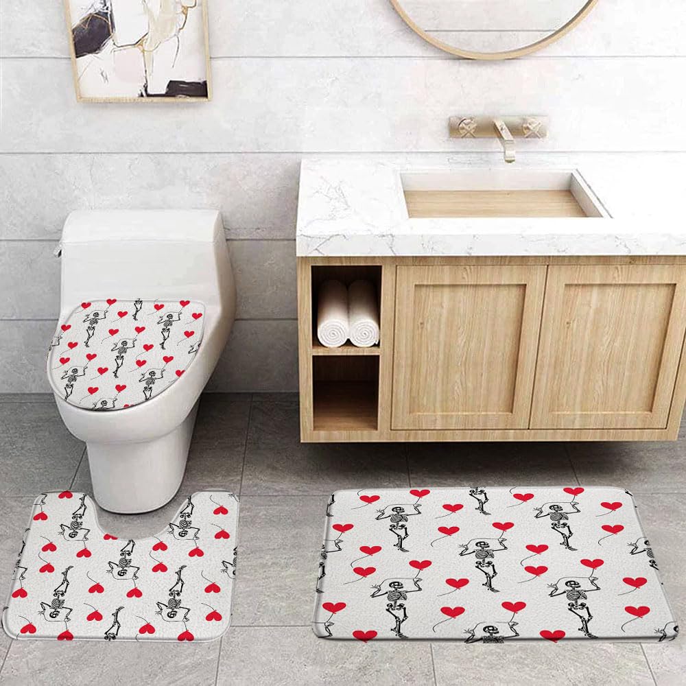 VPUPCN Valentine's Day 3 Pcs Bath Rugs Set,Red Heart Skull Skeleton Marriage Romantic Love Sweet Lover Couple Bathroom Kitchen Rug with 17.8