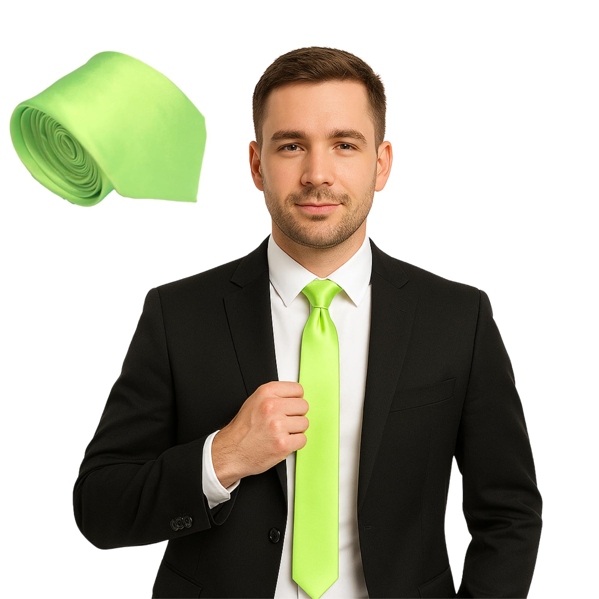 FNA FASHIONS® Mens Classic Slim Skinny Satin Tie Adult Wedding Fancy Party Solid Plain Necktie (Green, One Size)