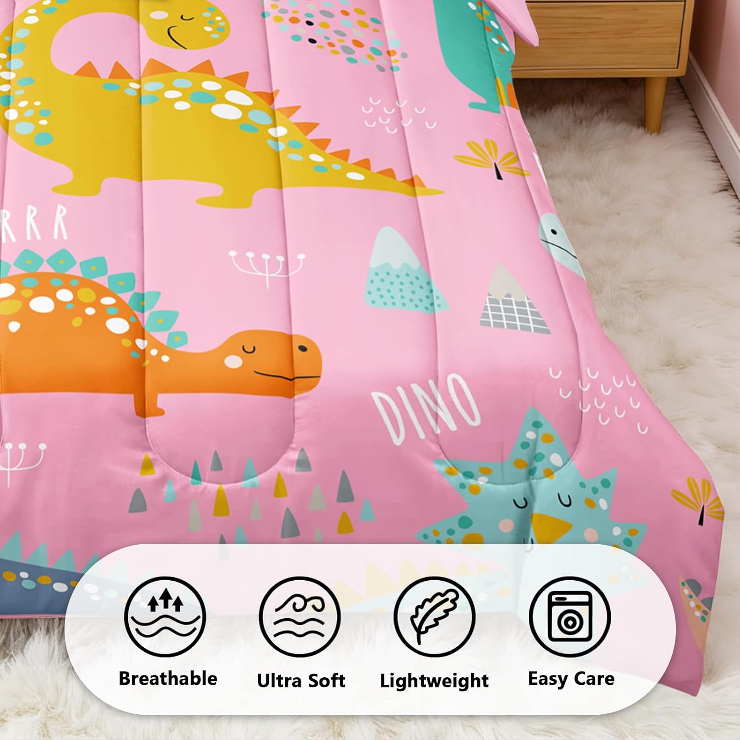 6 Pieces Girls Dinosaur Comforter Set Twin Size Pink Cute Dinosaur Bedding Set for Boys Girls Kids Teens 6 Pieces Bed in A Bag Bedding Gift for Room Decorative Twin16