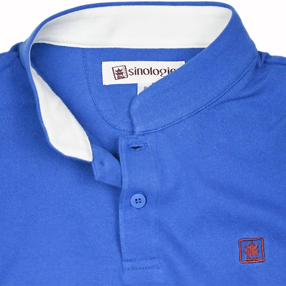 Polo Piquet con Colletto Mao in Cotone Blu, blu, S
