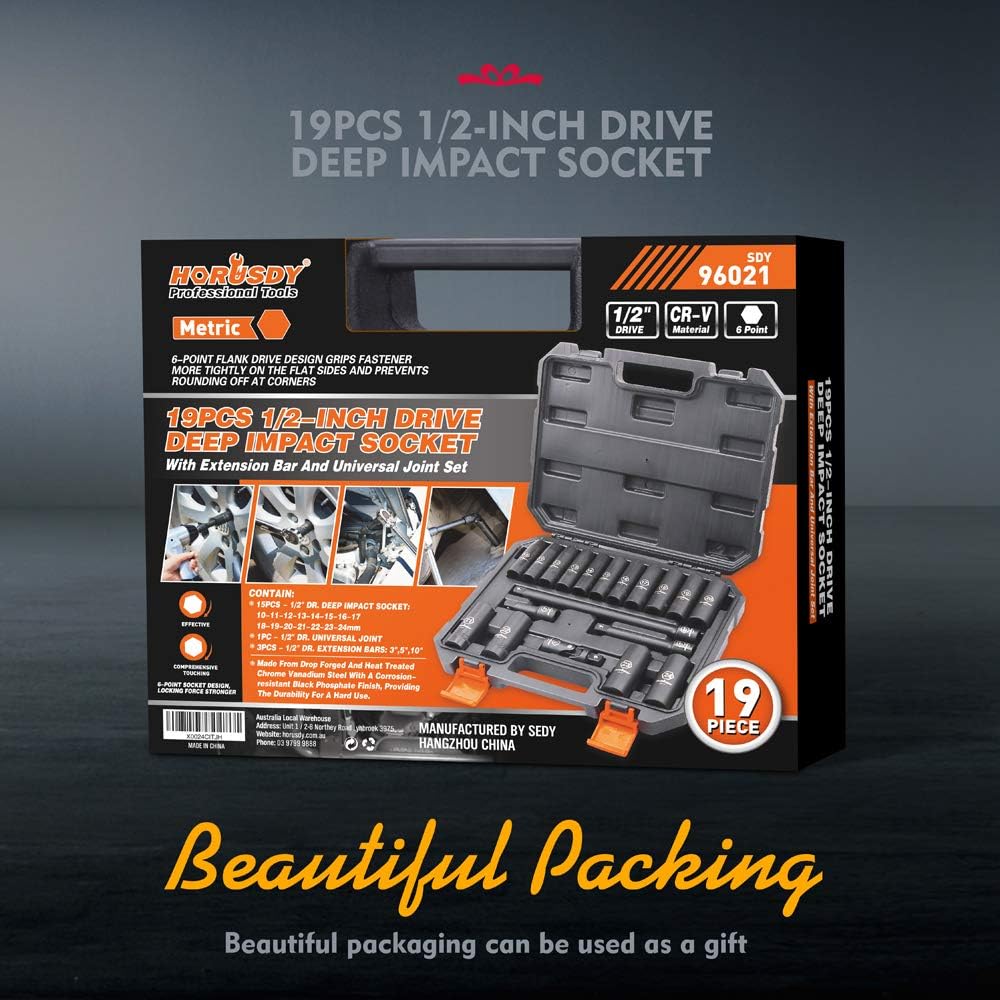 HORUSDY 1/2" Impact Socket Set, 19-Piece 6 Point Impact Set,Metric (10mm - 24mm) Standard Impact Socket Set, Cr-V, Deep Socket Set 1/2 Drive
