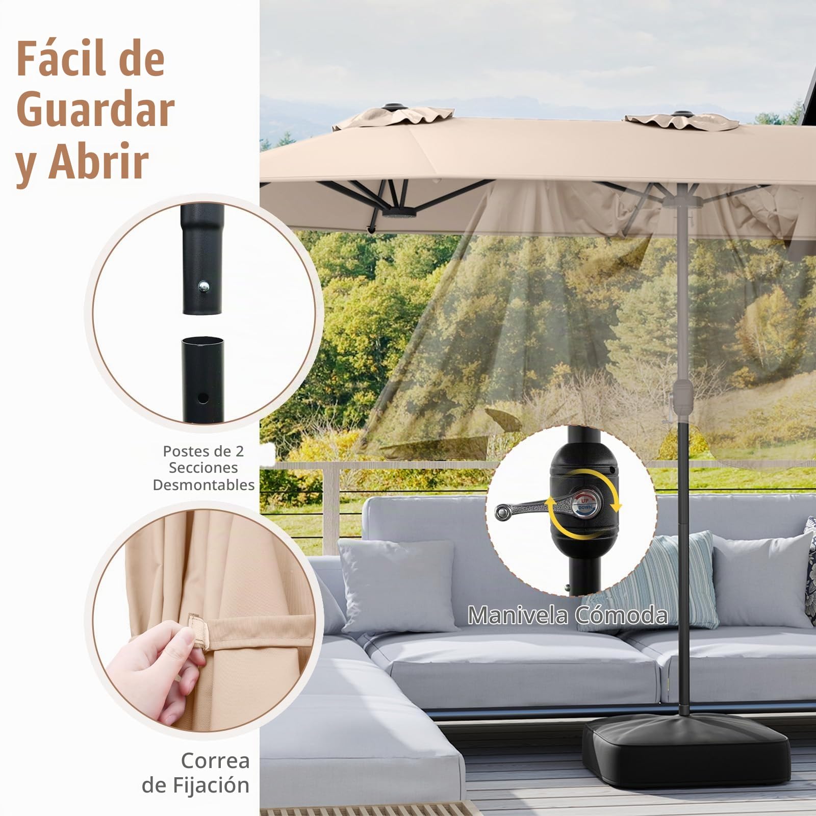 RELAX4LIFE Sombrilla doble de jardín con base de 4 x 2 m, sombrilla parasol con apertura de manivela, tejados ventilados, sombrilla de exterior para patio, patio, restaurante o bar