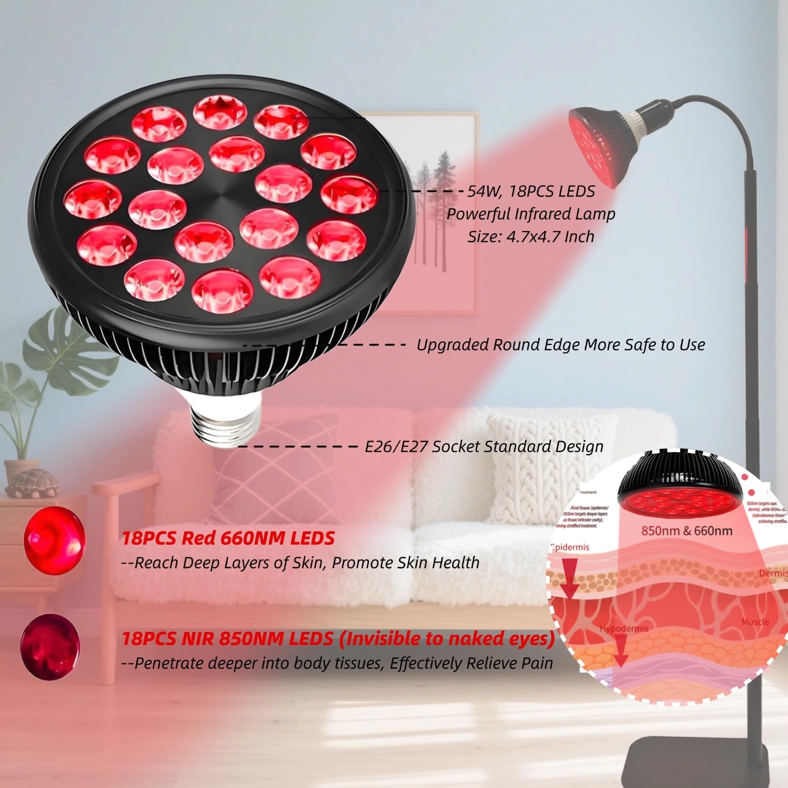 Lampe de luminothérapie rouge infrarouge 660 nm et 850 nm avec support et angles réglables pour le visage et le corps – 54 W, 18 LED, minuterie de 5 à 30 minutes, 5 niveaux de luminosité avec lunettes