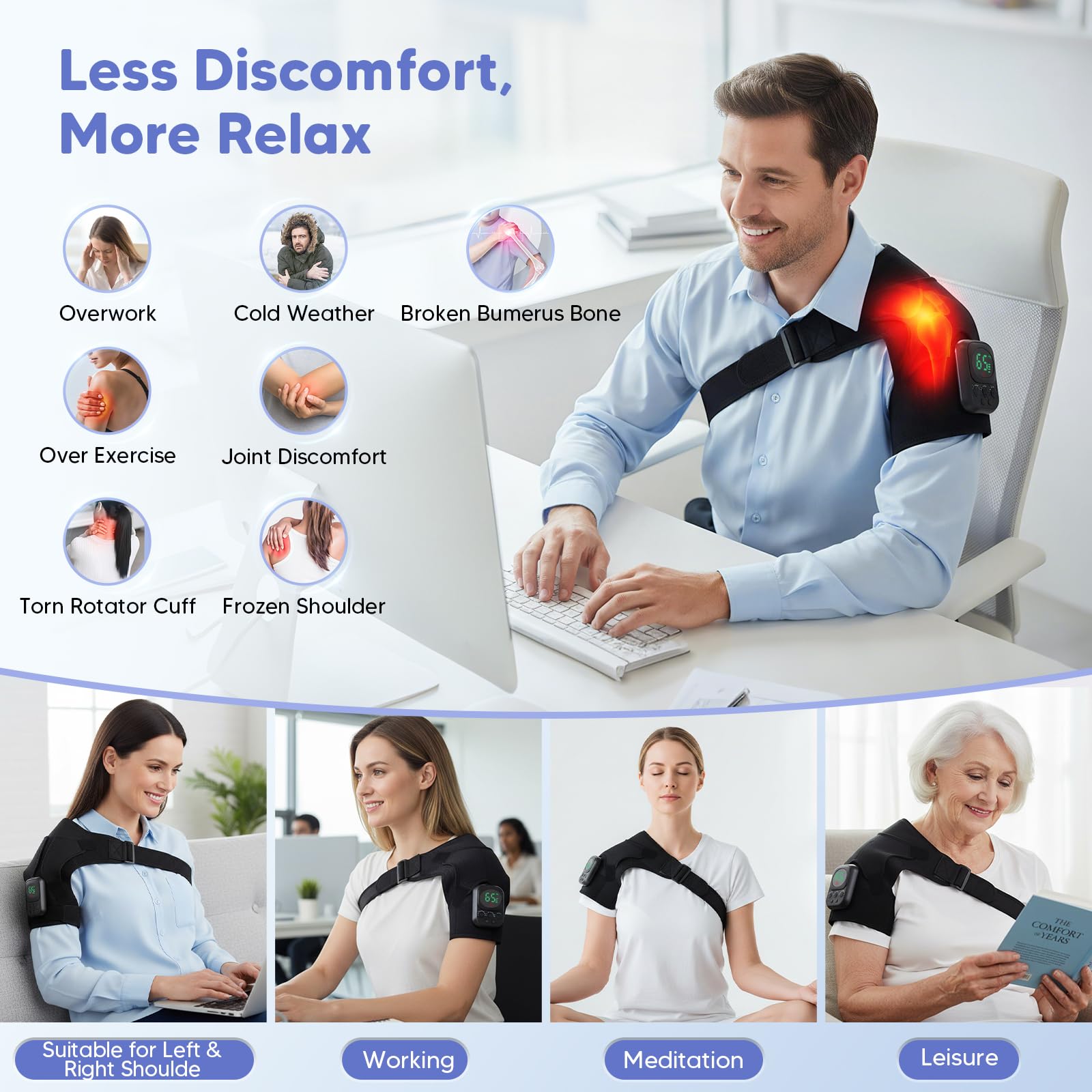 Smart Schultermassagegerät mit Wärme, APP-Steuerung, 8 Modi, Mikrostrom, beheizte Schulterbandage zur Schmerzlinderung, 10-Stunden-Akku-Schulter-Wärmekissen für den Heimbürogebrauch, geeignet