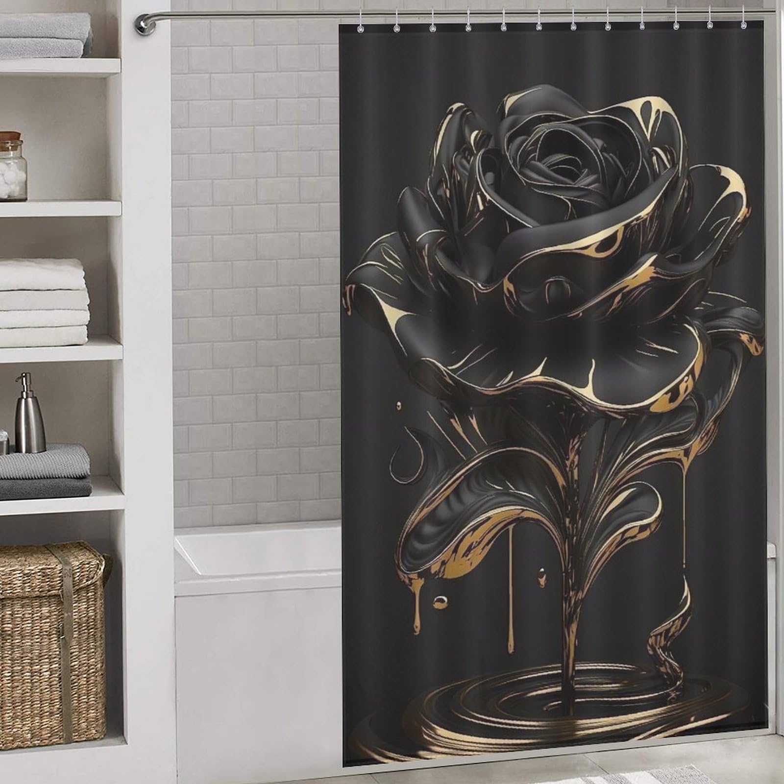 PAZZK Rose Shower Curtain, Bath Curtains Water Repellent Polyester Decorative Shower Curtains Art Deco With 12 Curtain Hooks Machine Washable, 55x72Inch（140x183cm）