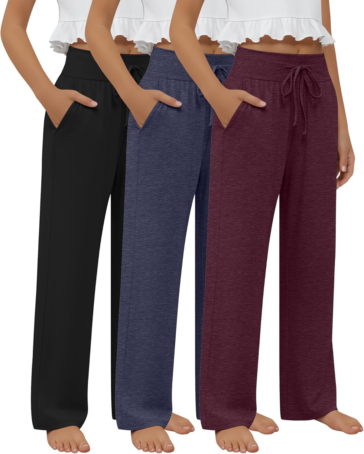 3 Pack Girls Pants Casual Wide Leg Baggy Yoga Trousers Kids Loose Sweatpant Open Bottom with Pockets 5-14y