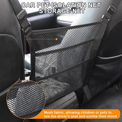 Miniatura 4 de zipelo Organizador de malla para automóvil, barrera de vehículo de 3 capas para asiento trasero de mascotas, niños, bolsillo de red elástica para