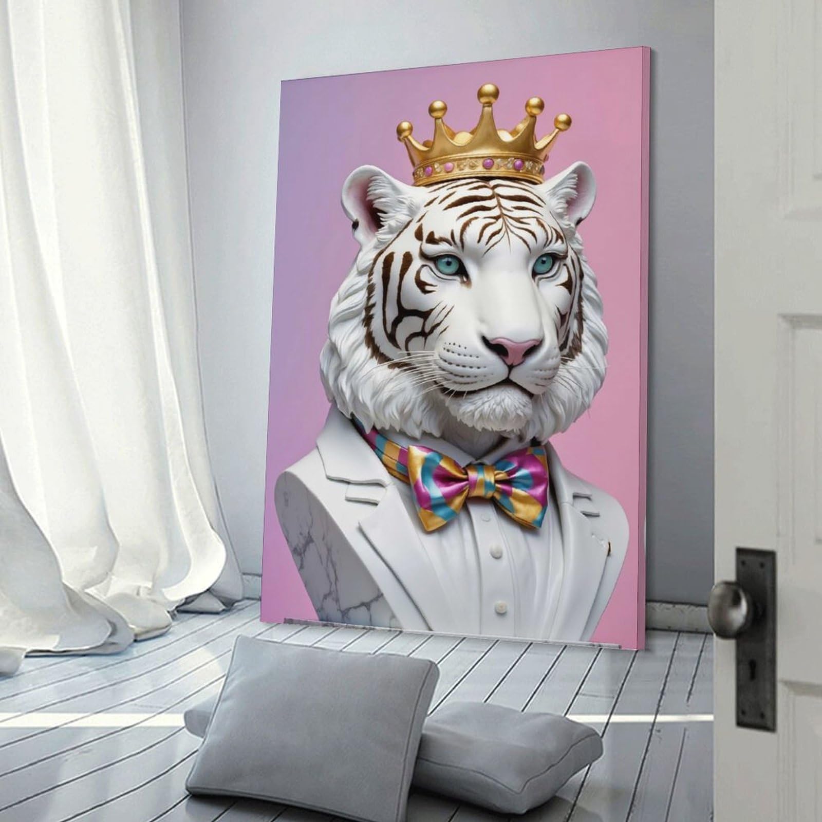 Junmoney Frame-Style-22 Hanging Wall Art Regal White Tiger Bust With Crown, 20X30inch(50X75cm), For Gallery Wall Layouts In Home Or Office, An Easy Match For Collected Prints