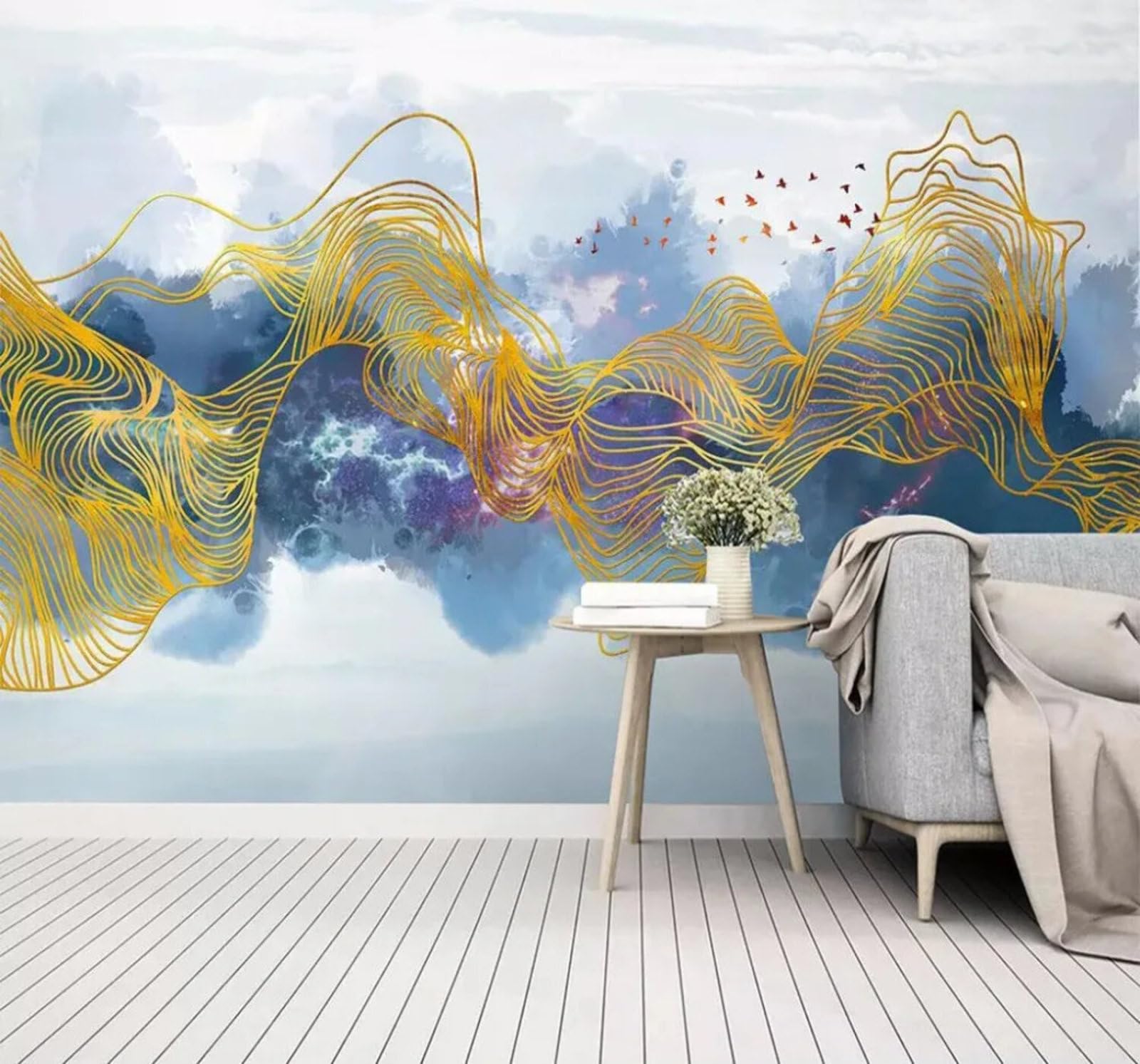 Wallpaper-3D-Xlm 400Cm×280Cm(B×H) Abstract Ink Wash Gold Lines Birds In Flight Landscape 3D Wallpaper Easy Install Feature Office Living Room Sofa Bedroom Tv Background Wall Decoration-400Cm×280Cm
