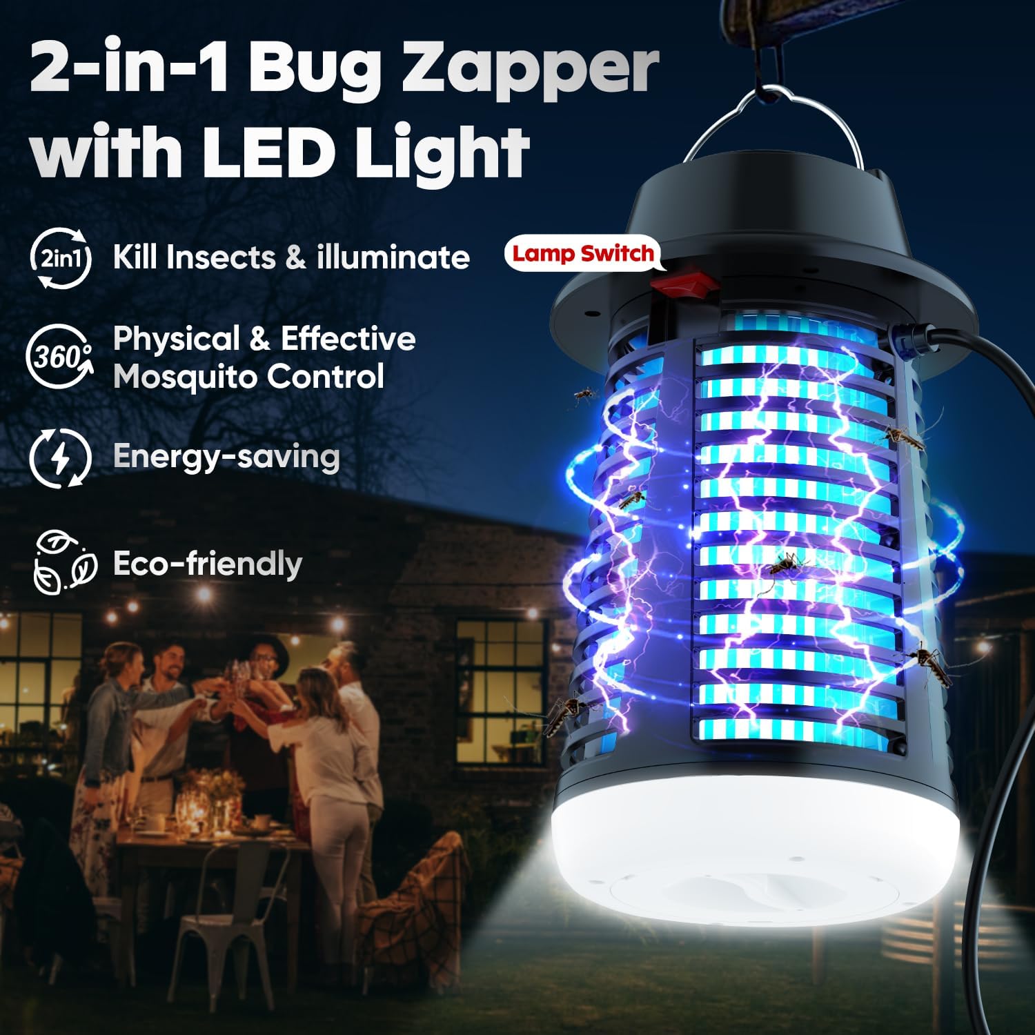 Bug Zapper, Mosquito Zapper with LED Light, Bug Zapper Outdoor Indoor- 4200V Electric Fly Trap with 5.9ft Cable, Fly Zapper Indoor, Mosquito Repellent Outdoor Patio and Backyard, Home, Camping
