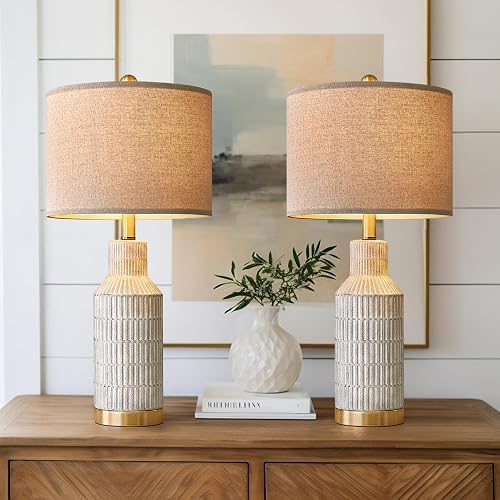 USumkky 25" Table Lamps Set of 2 - Modern Bedside Lamps for Living Room - White Washed Ceramic Nightstand Lamps for Bedroom