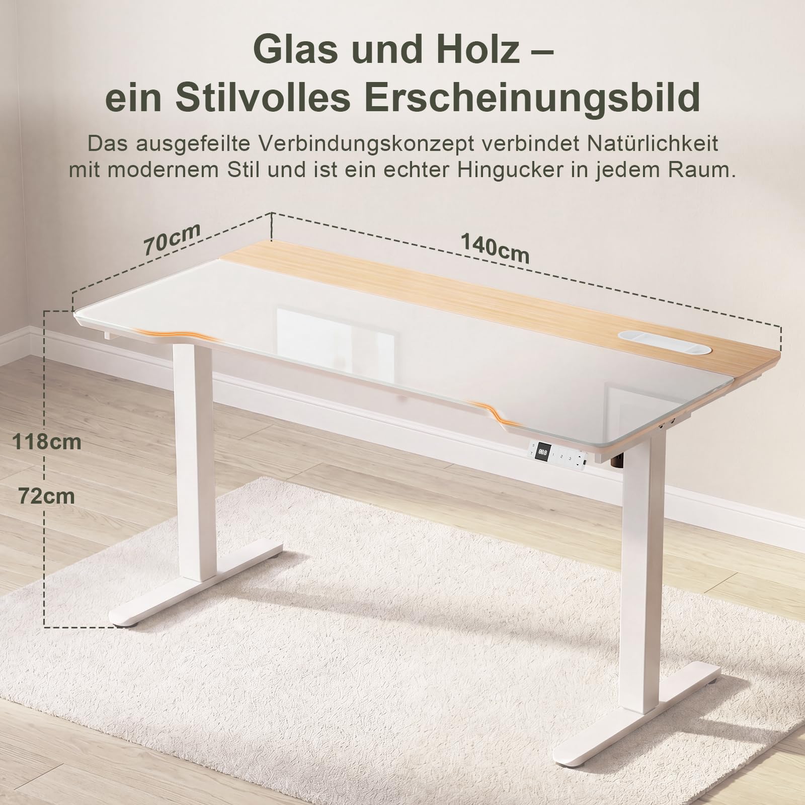 Devoko Höhenverstellbarer Schreibtisch Glas 140x70cm,Elektrischer Schreibtisch mit beschreibbarer Glasoberfläche, 72-118 cm Sitz-Steh Tisch mit 3 Höhenspeichern, USB, Kabelmanagement für Homeoffice