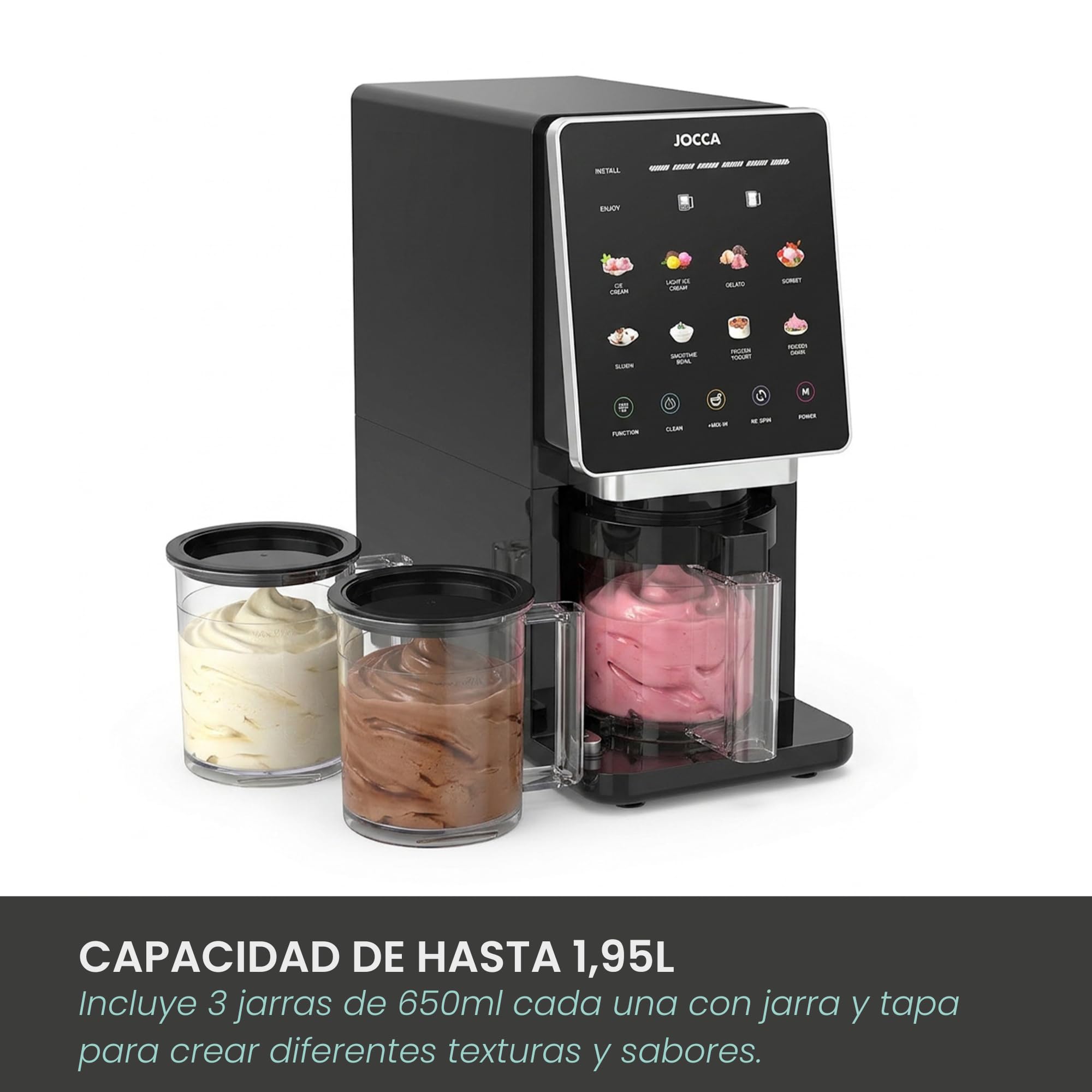 JOCCA - Gelatiera multifunzione con 11 programmi, funzione di pulizia, elaborazione rapida, display LED touch, prepara fino a 1,95 l di gelato con i suoi 3 contenitori