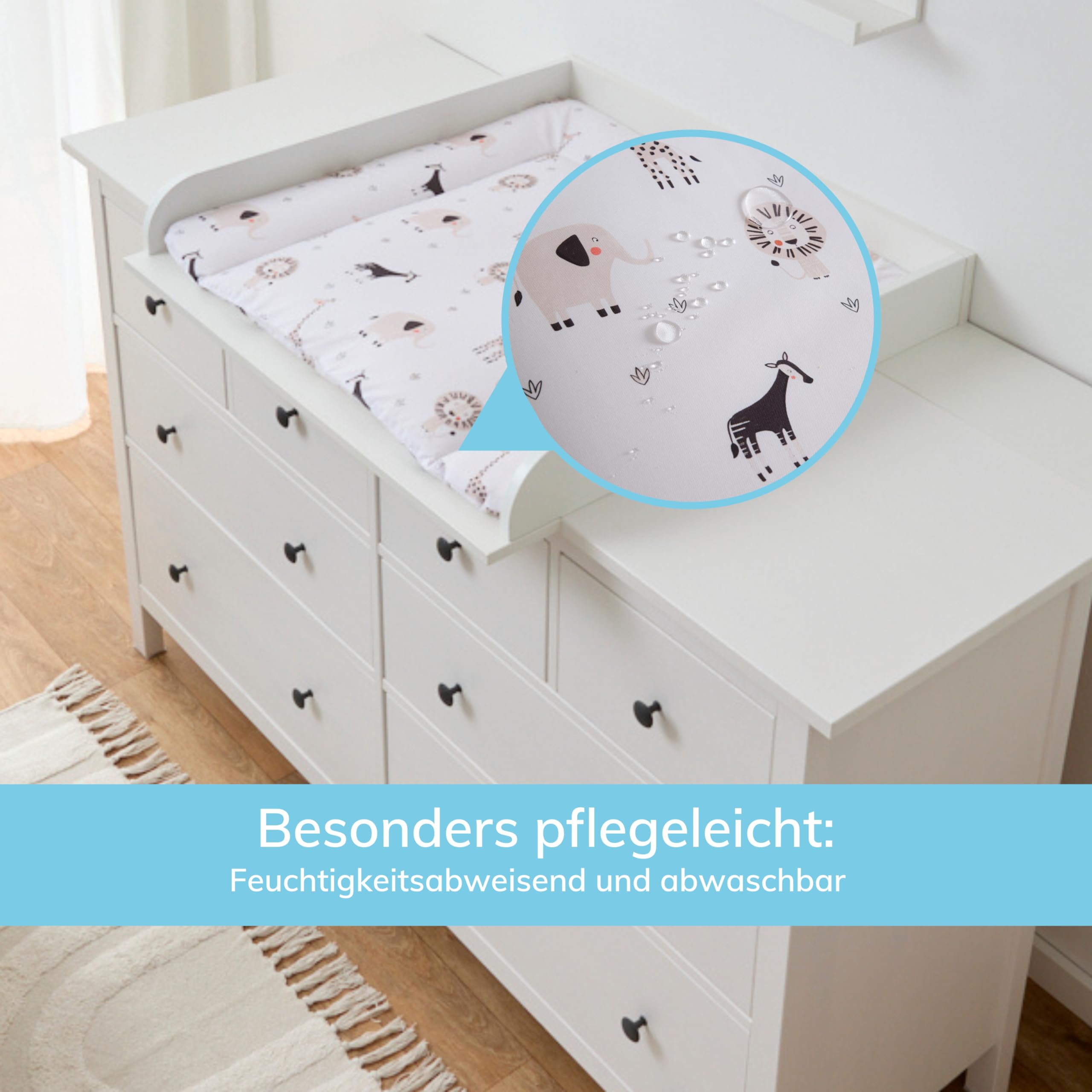 Premium Wickelauflage 77x73 cm | Wickelunterlage für Wickelkommode Malm Hemnes Nordli | Oeko Tex®100 | Abwaschbar, wasserabweisend | Ohne Weichmacher | Safari Tiere