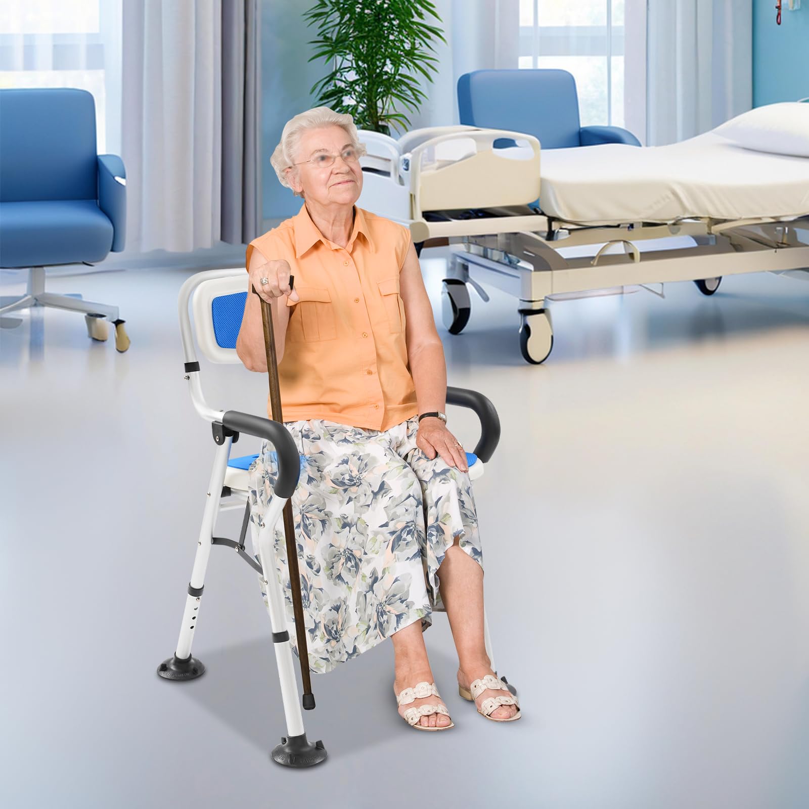 Silla de ducha en forma de U con respaldo y reposabrazos, plegable, antideslizante, altura regulable (72-79 cm), hasta 150 kg, para personas mayores y personas