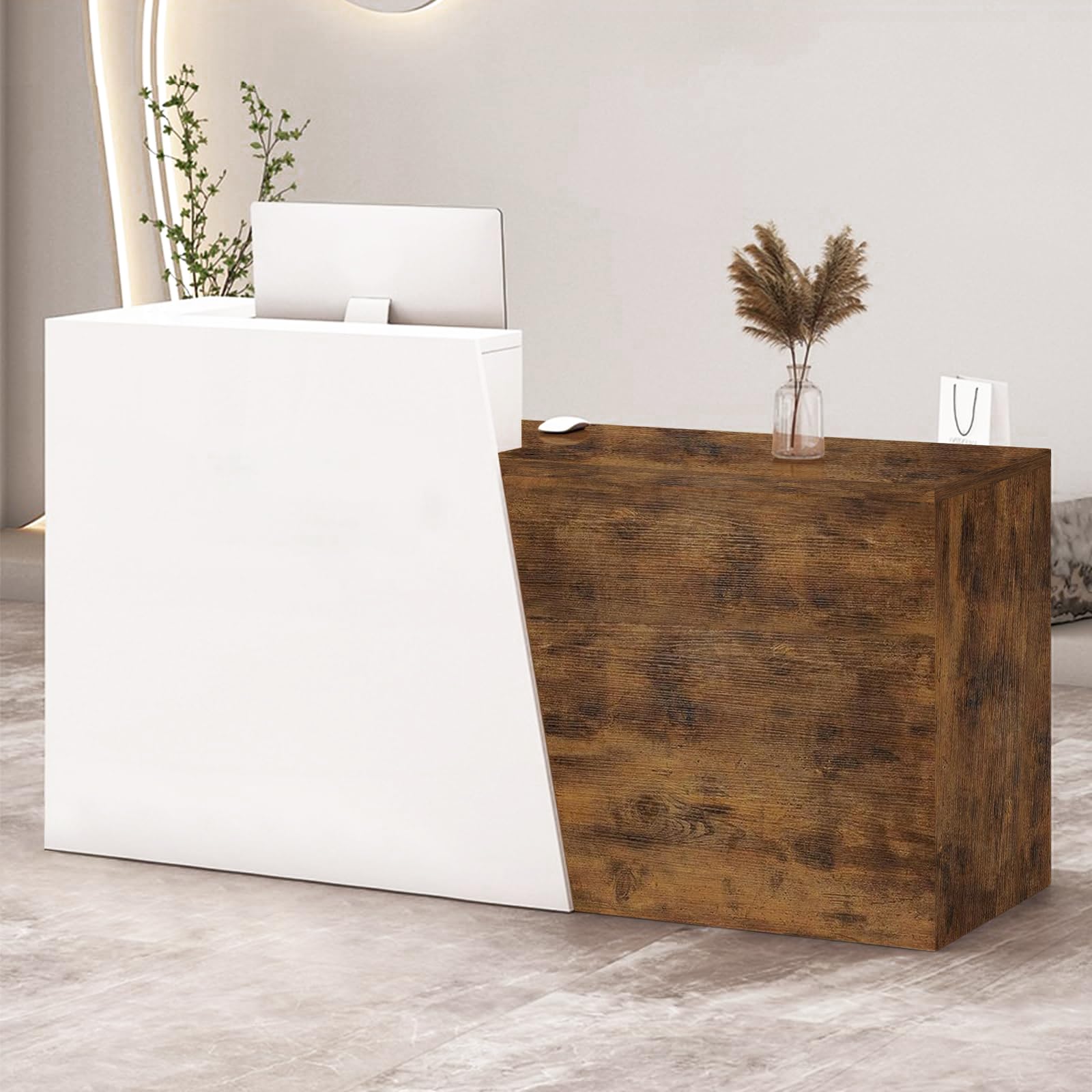 Modern Reception Desk with Counter & Drawers, Front Desk Reception Counter for Salon/Office/Lobby Brown 45.3" x 16.5" x 39.4"