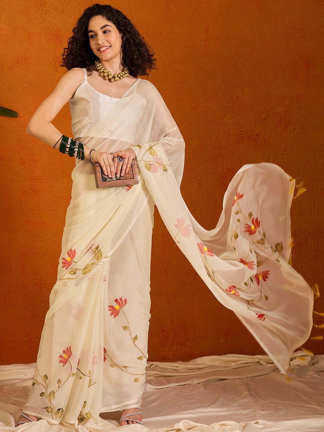 SAREE MALL Women's Off White Chiffon Botanical Printed Saree With Unstitched Blouse Piece (PAINTING102_SU) 3