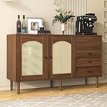 Sweiko - Commode de 129,5 cm avec 2 tiroirs et 3 portes - En rotin - Buffet avec étagère réglable, pieds en bois massif, marron - Armoire polyvalente pour couloir, chambre, salon, salle de bain