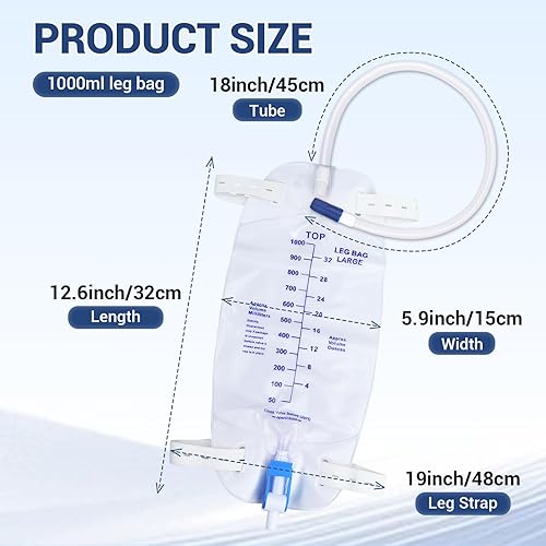 Miniatura 2 de Paquete de 5 bolsas de 33.8 fl oz para piernas de drenaje urinario con correas ajustables para el hombro y tubo flexible de 17.7 pulgadas con diseño