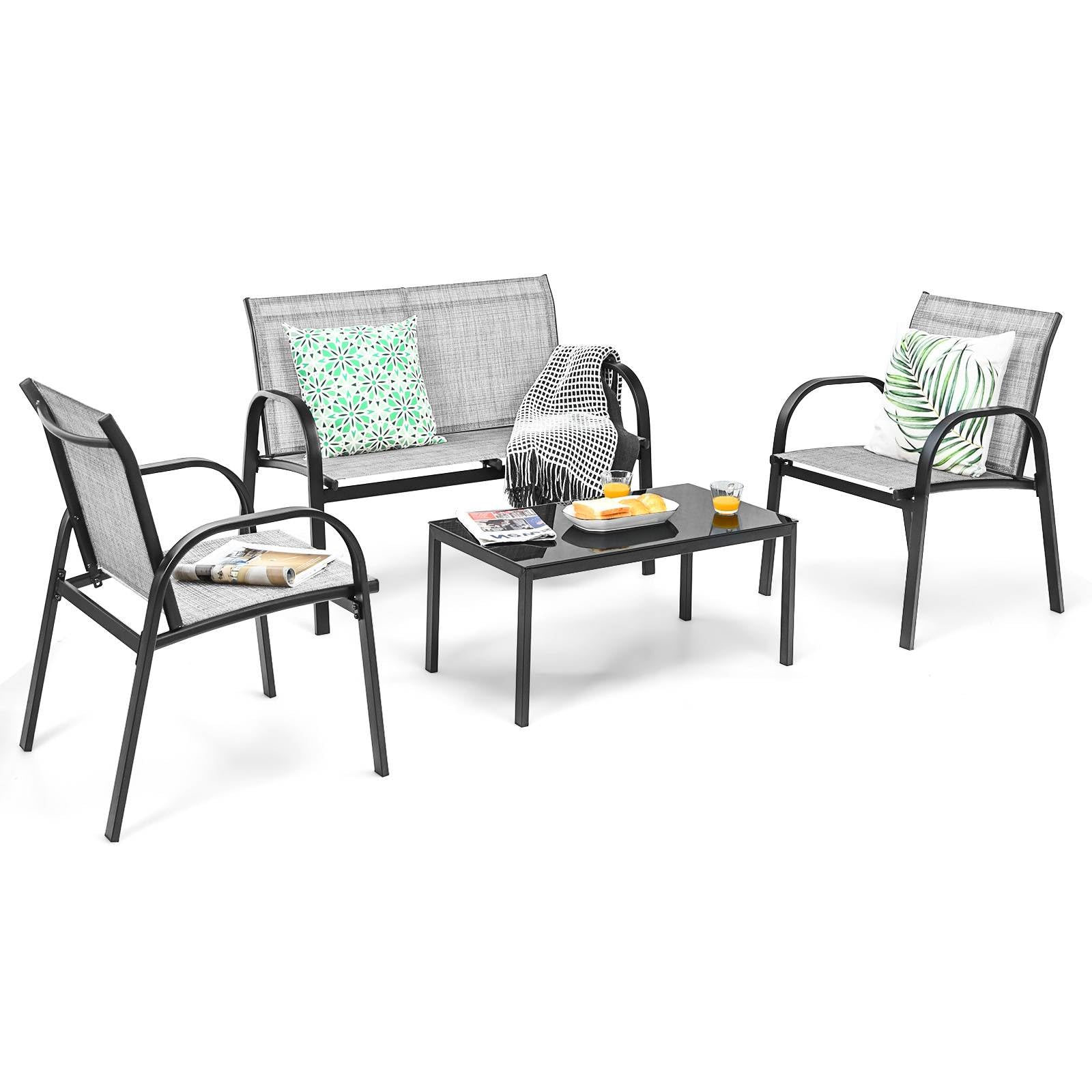 COSTWAY 4-Piece Garden Furniture Set, Patio Conversation Set with Loveseat, 2 Chairs and Glass Coffee Table, Outdoor Table and Chairs Sectional Sofas for Balcony Yard Poolside (Grey)
