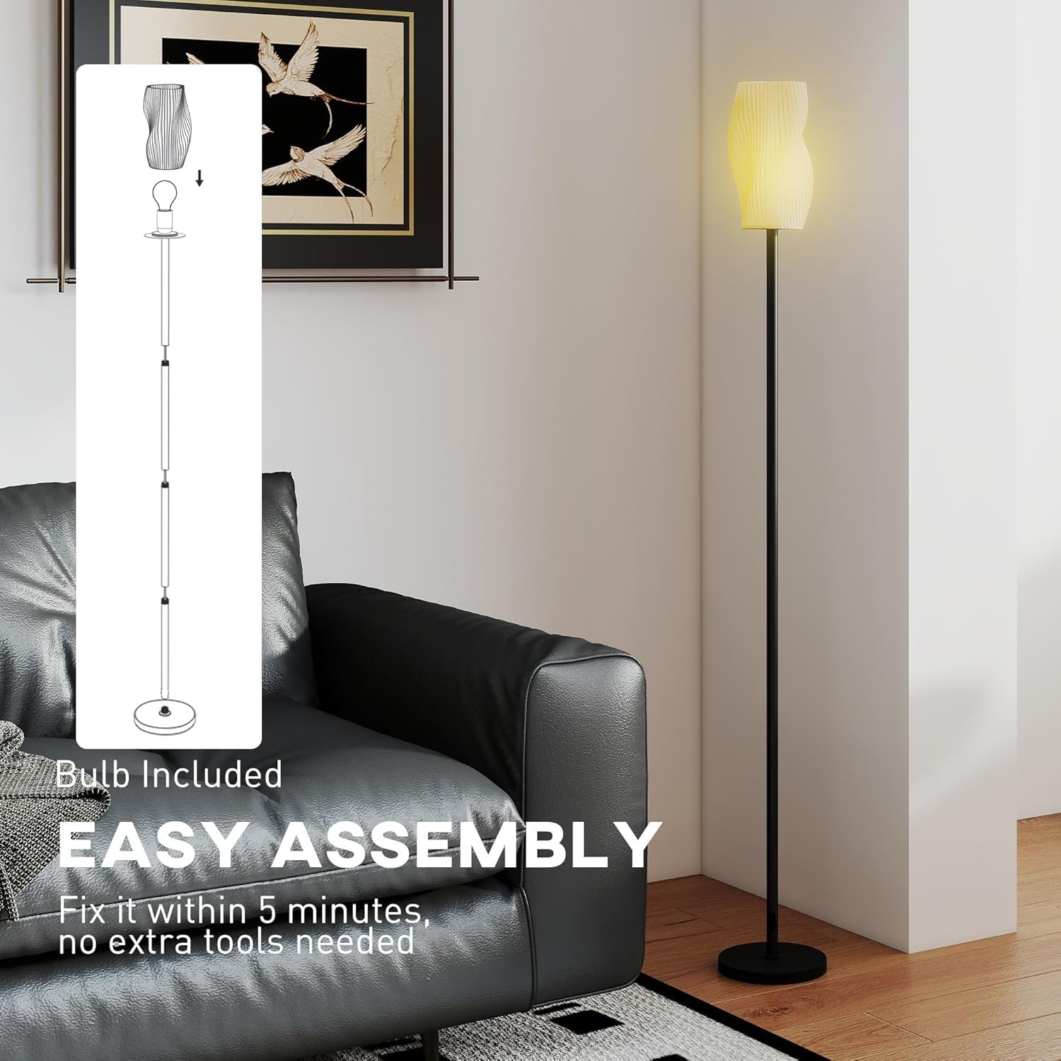Lampa podłogowa do salonu, minimalistyczna lampa stojąca drukowana w 3D z płynnym, zakrzywionym kloszem, wysoka lampa do sypialni, biura z przełącznikiem nożnym