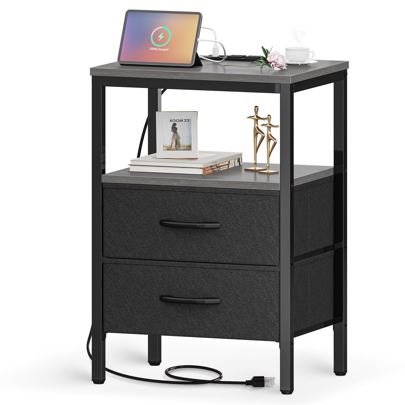 Huuger Nightstand with Charging Station, Side Table with Fabric Drawers, End Table with Open Shelf, Bedside Table with USB Ports and Outlets, Night Stand for Bedroom, Charcoal Gray