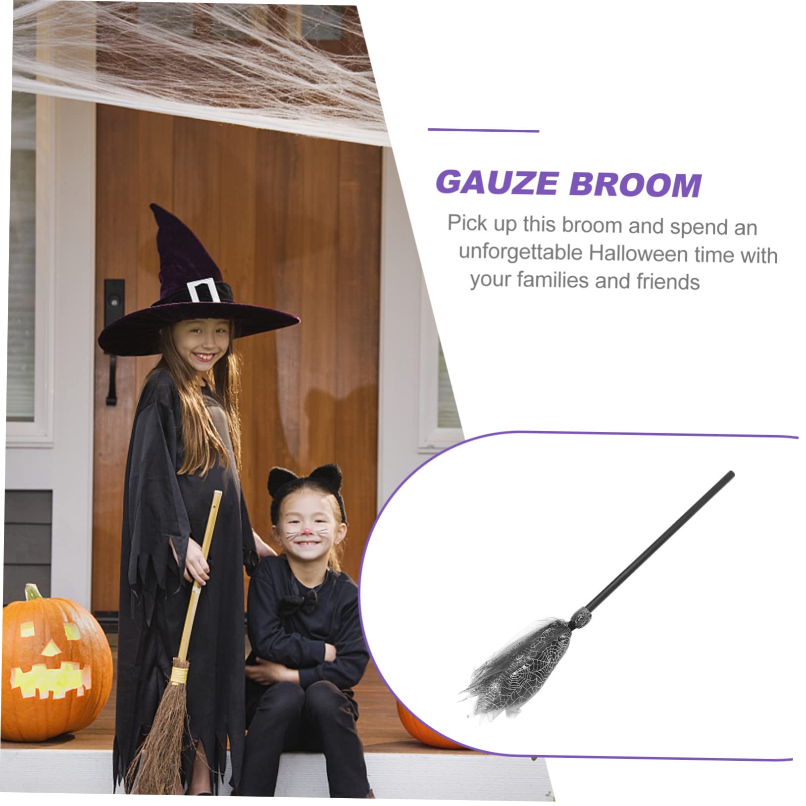 Hemoton 1pc Halloween Gauze Broom Toy Witch Broom Prop for Cosplay for Parties and Occasions Spider Web Design and Girls' Halloween Costumes Accessory