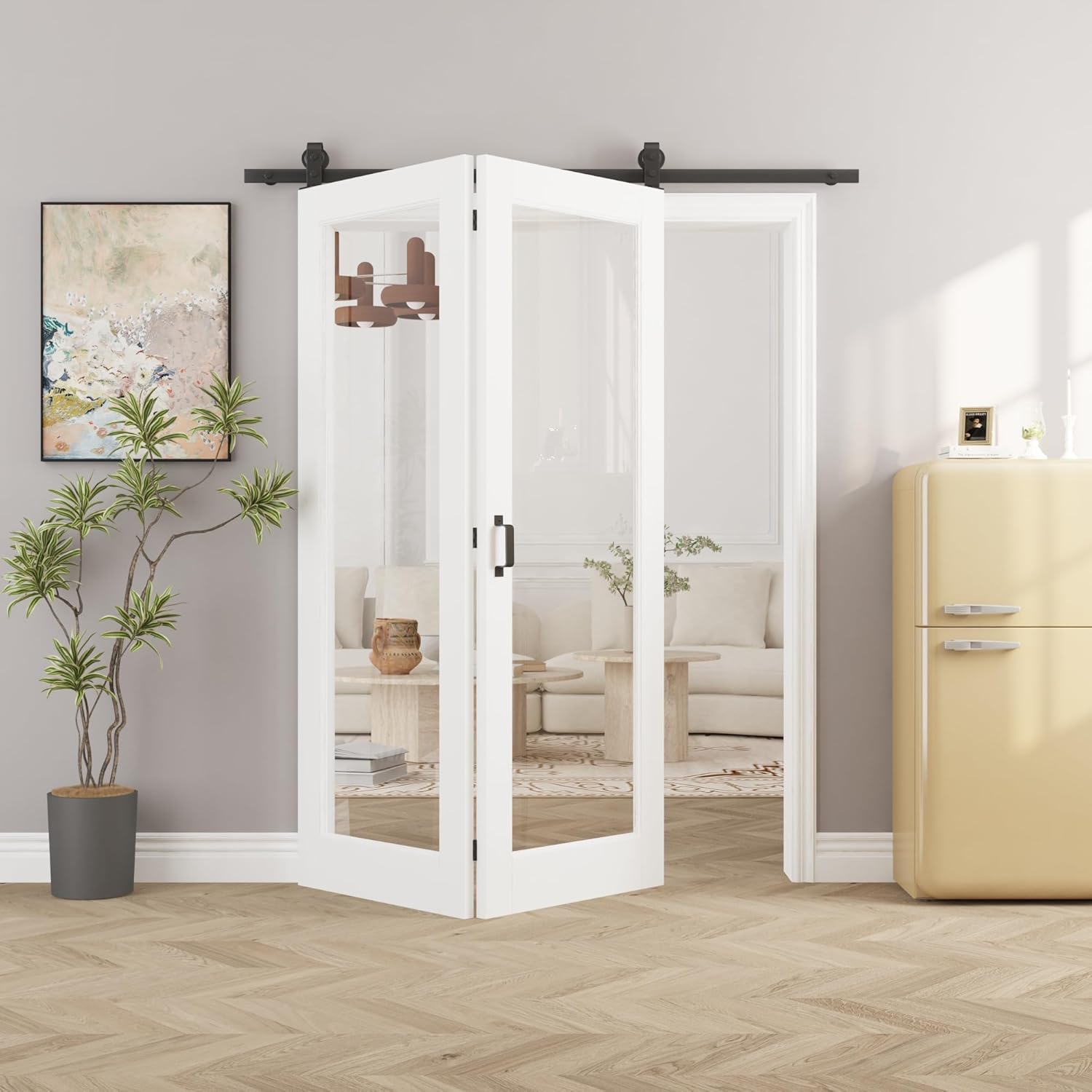 56" x 80" Pre-Assambled 1-Lite Clear Glass Bifold Barn Door with 64" Track Hardware Kit Included, MDF Panel Bi Fold Barn Doors, Sliding Closet Door with Excellent Sound Insolution, Easy to Clean