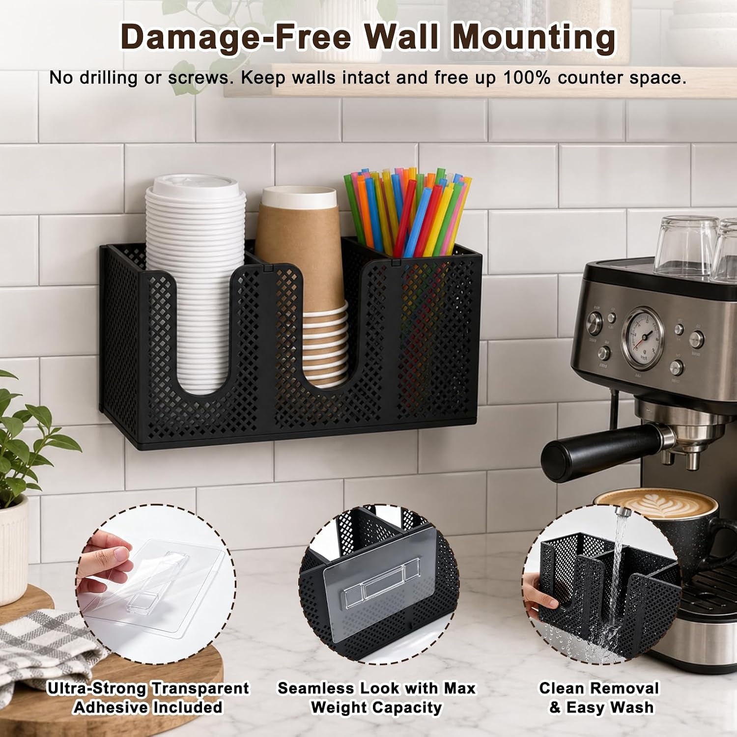 1 Pack Wall-Mount Cup & Lid Organizer, Drill-Free 3-Compartment Dispenser