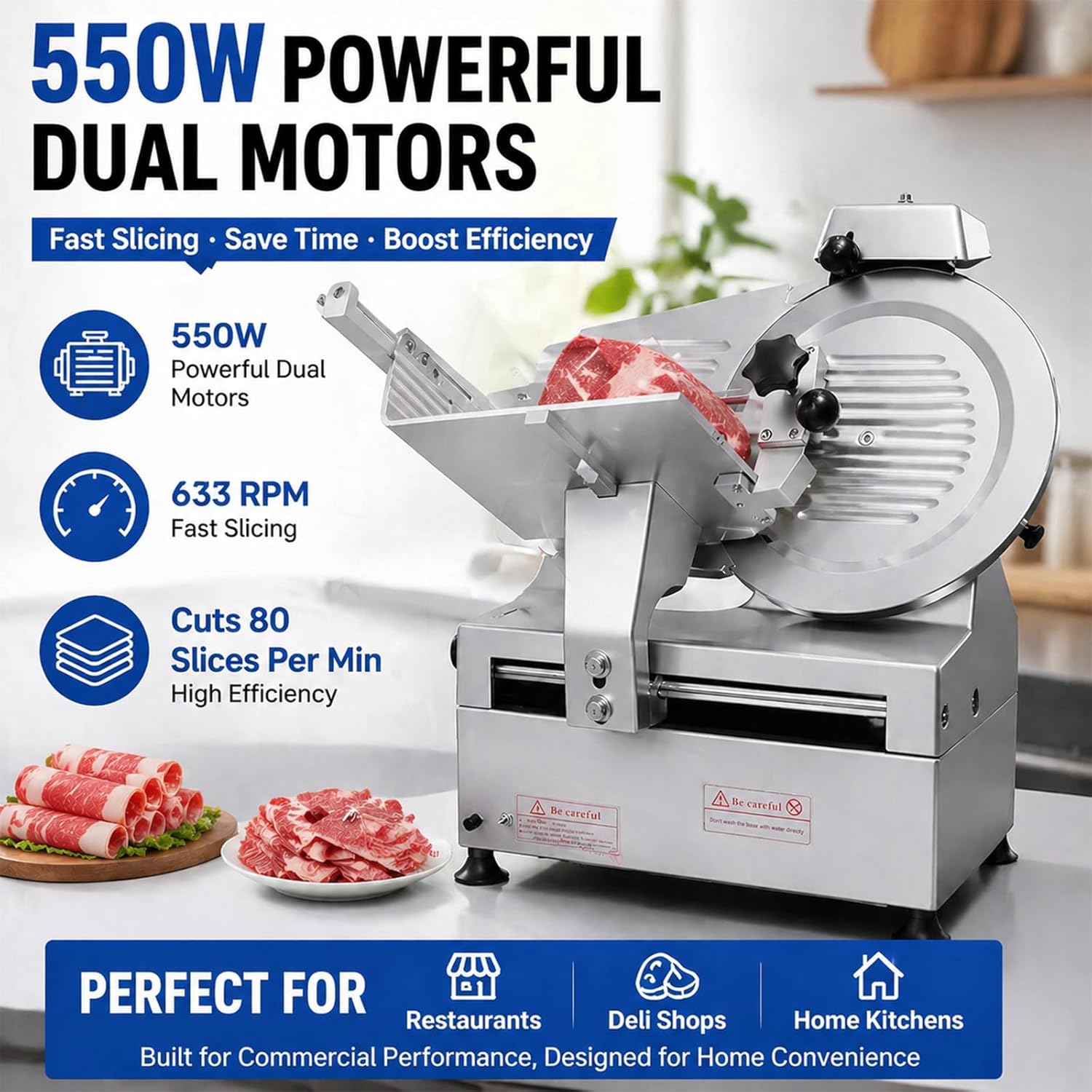 550W Commercial Meat Slicer, Automatic Meat Slicer with 12-Inch Blade, 0-15mm Adjustable Thickness Electric Meat Slicer with Emergency Stop Button for Hotel Catering and Butcher Shop Prep Station