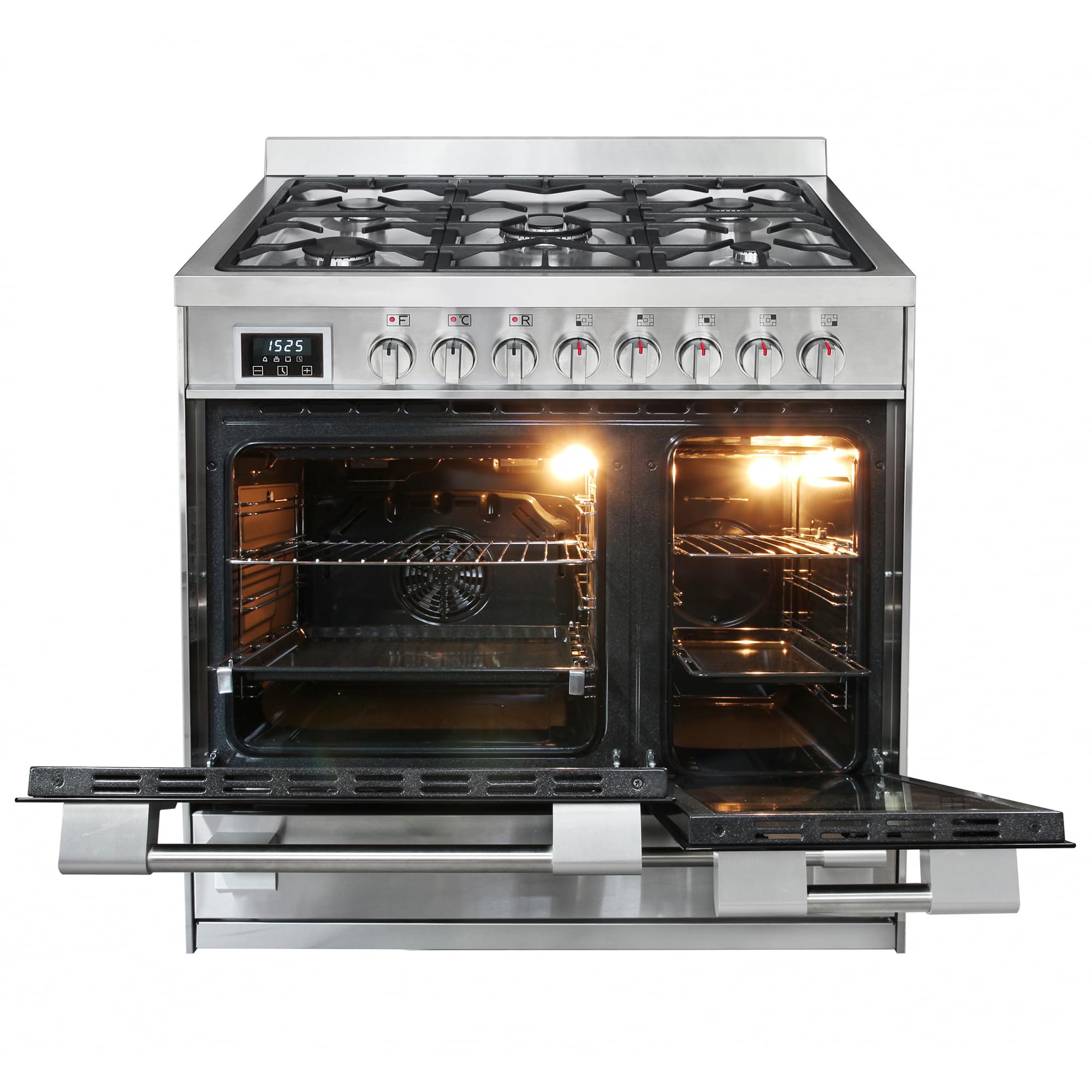 Kaiser HGE 93201 R Cuisinière En Acier Inoxydable De Qualité Supérieure Avec Double Four Électrique, 115 L, Range Coocker 90 Cm, 8 Fonctions, 5 Brûleurs à Gaz 3,7 KW, Pour WOK Gaz Naturel