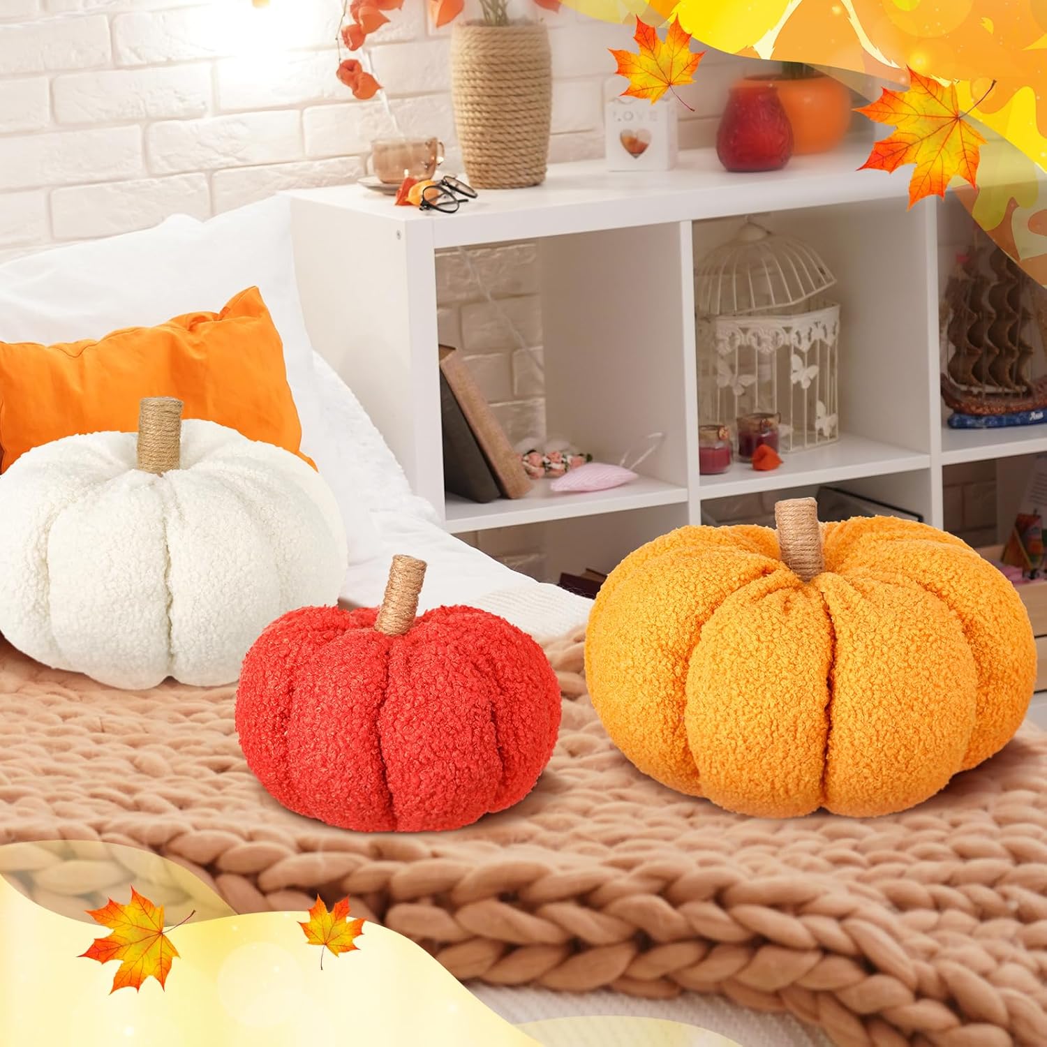 3 Pcs Thanksgiving Fall Pumpkin Pillow Plush Halloween Pumpkin Throw Pillow 3D Sherpa Decoration Stuffed Fall Decorative Pillows Cushion for Bedroom Couch Sofa Car(Classic Color)