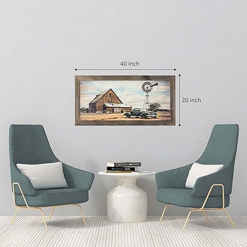 Miniatura 5 de Obra de arte enmarcada de madera de granero impresión rústica retro de camión, casa de campo, arte de pared, pintura de paisaje de coche antiguo,