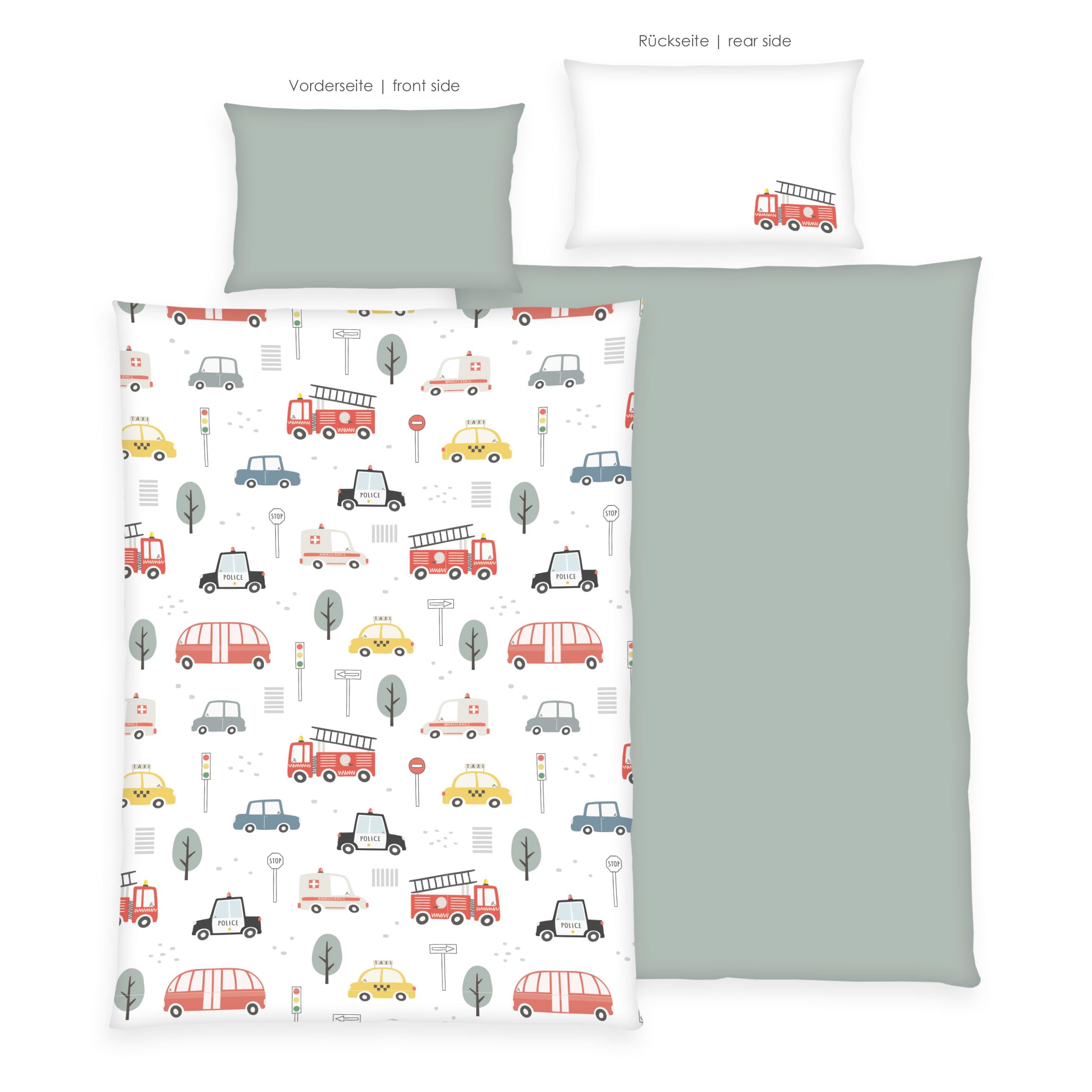 Herding babybest Flanell-Bettwäsche-Set, Fahrzeuge, Kopfkissenbezug 40 x 60 cm, Bettbezug 100 x 135 cm, 100% Baumwolle/Flanell, Grün