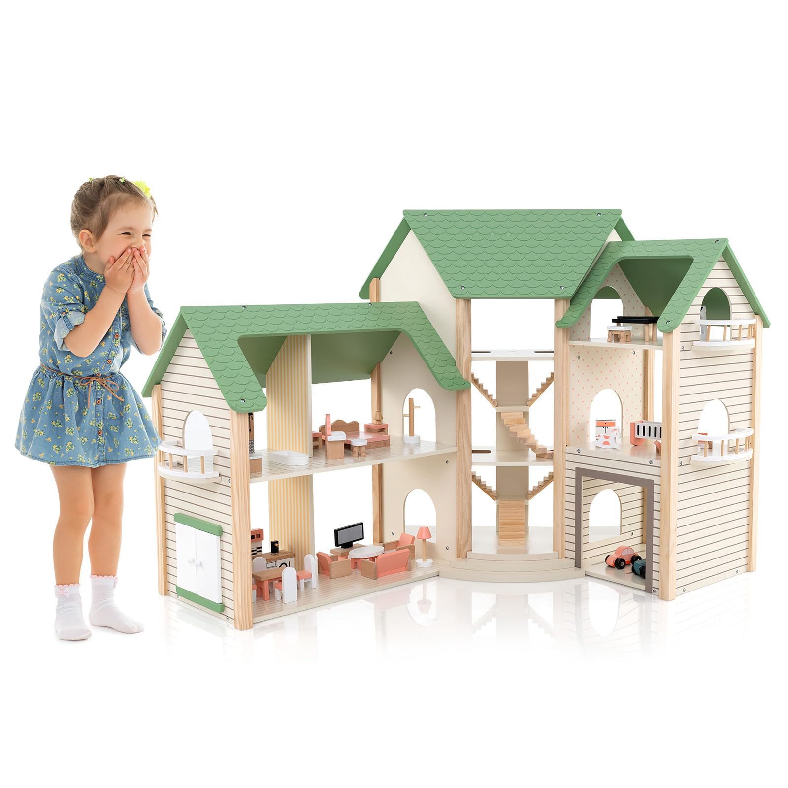 COSTWAY Casa de Muñecas Esquinera de Madera, Casita Infantil con Techo Verde con 36 Muebles y Accesorios, Casa de Ensueño con 3 Pisos, 6 Habitaciones, Balcones y Garaje, para Niños de 3+ Años