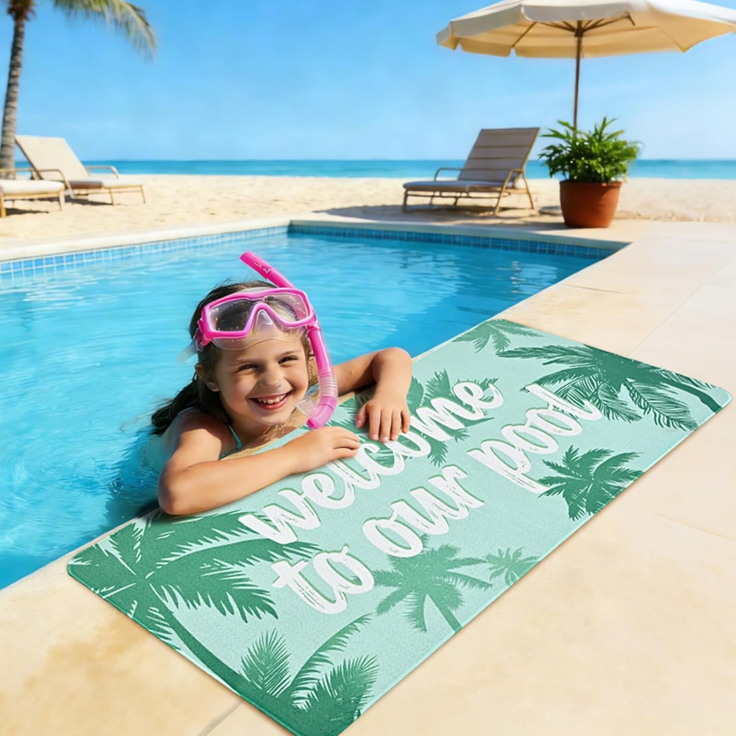 Yinhua Pool Mat for Floor, Non Slip Pool Mats for Deck, Tropical Palm Tree Walk Poolside Mat for Edge of Pool, Summer Swimming Poolsides Mats with Rubber Backing Floor Outdoor, 24"x48"