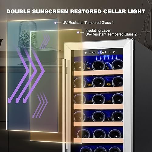 Miniatura 4 de Tylza Enfriador de vino de 15 pulgadas debajo del mostrador, refrigerador de vino integrado de 33 botellas con puerta de vidrio templado de acero