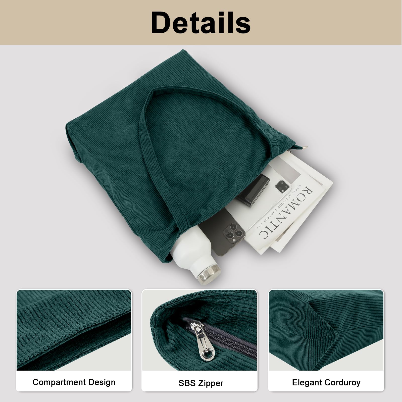 CNMTCCO Tote Bag damska torba na zakupy, duża, ze sztruksu, torba na zakupy, z zamkiem błyskawicznym, kieszeniami i przegródkami – idealna do szkoły, pracy, na zakupy, w podróż, na co dzień, zielony