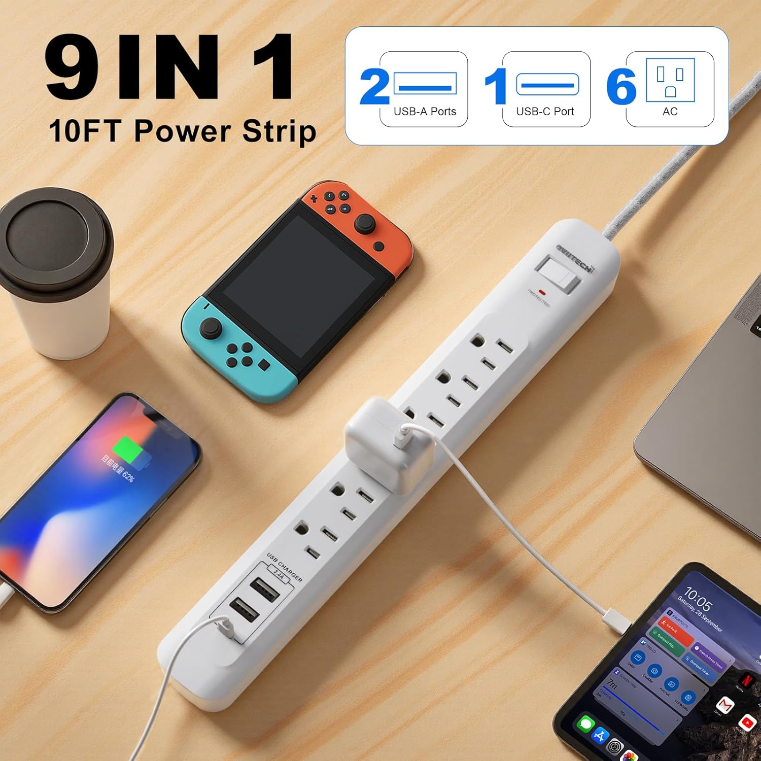 2 Pack Power Strip Surge Protector - 6 Outlets 3 USB Charging Ports (1 USB C), 10Ft Extension Cord, Flat Plug, Overload Protection, Wall Mount for Office Home, Dorm Room White