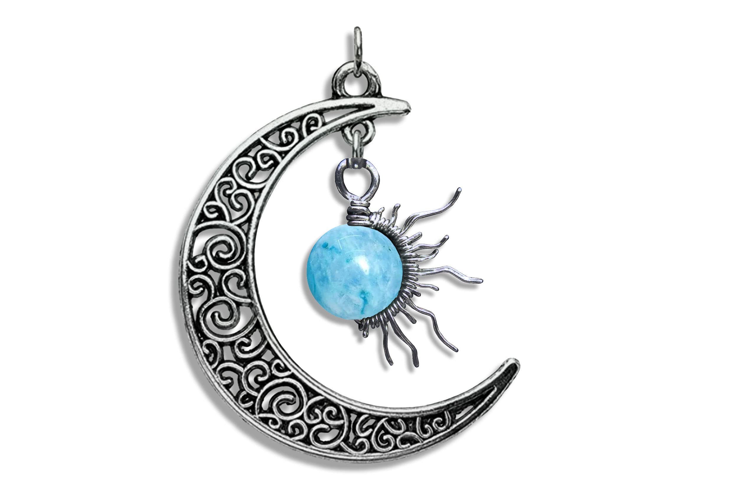 Blue Hemimorphite 1/2 Sun Wire Pendant in Celtic Crescent Moon- Black Niobium/Silver/Steel/Copper/Bronze/14K Gold, or 14K Rose Gold- Pendant - Blue Smithsonite Gemstone Jewelry - Necklace