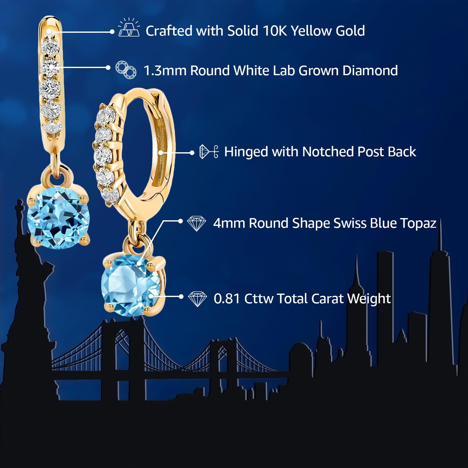 Gem Stone King 10K Yellow Gold Gemstone Birthstone and White Lab Grown Diamond Dangle Drop Huggie Hoop Earrings | Round 4MM | Gold Earrings For Women