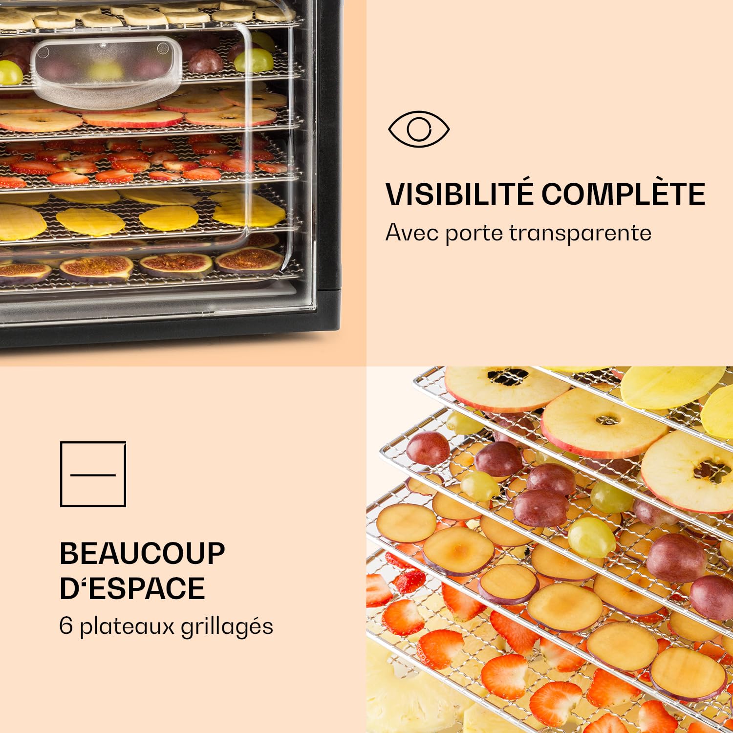 KLARSTEIN Fruit Jerky DryPower - Déshydrateur alimentaire, Machine à sécher les fruits, Le goût reste intact, Réglage température, Minuteur, Ventilateur, Grilles amovibles, Ecran, 6 Grilles, Noir