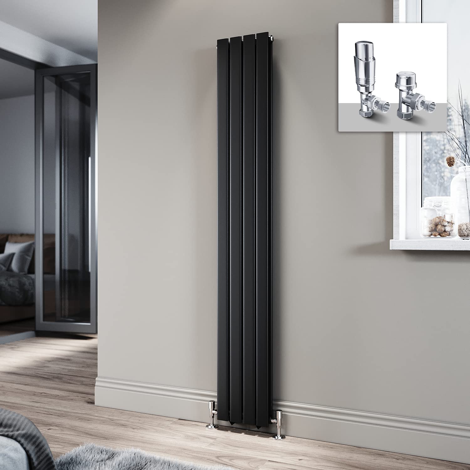 ELEGANT 1800 x 272mm Radiator Black Vertical Radiator Flat Panel Designer Radiator Double Panel Tall Upright Central Heating Radiator with Chrome Thermostatic Valves