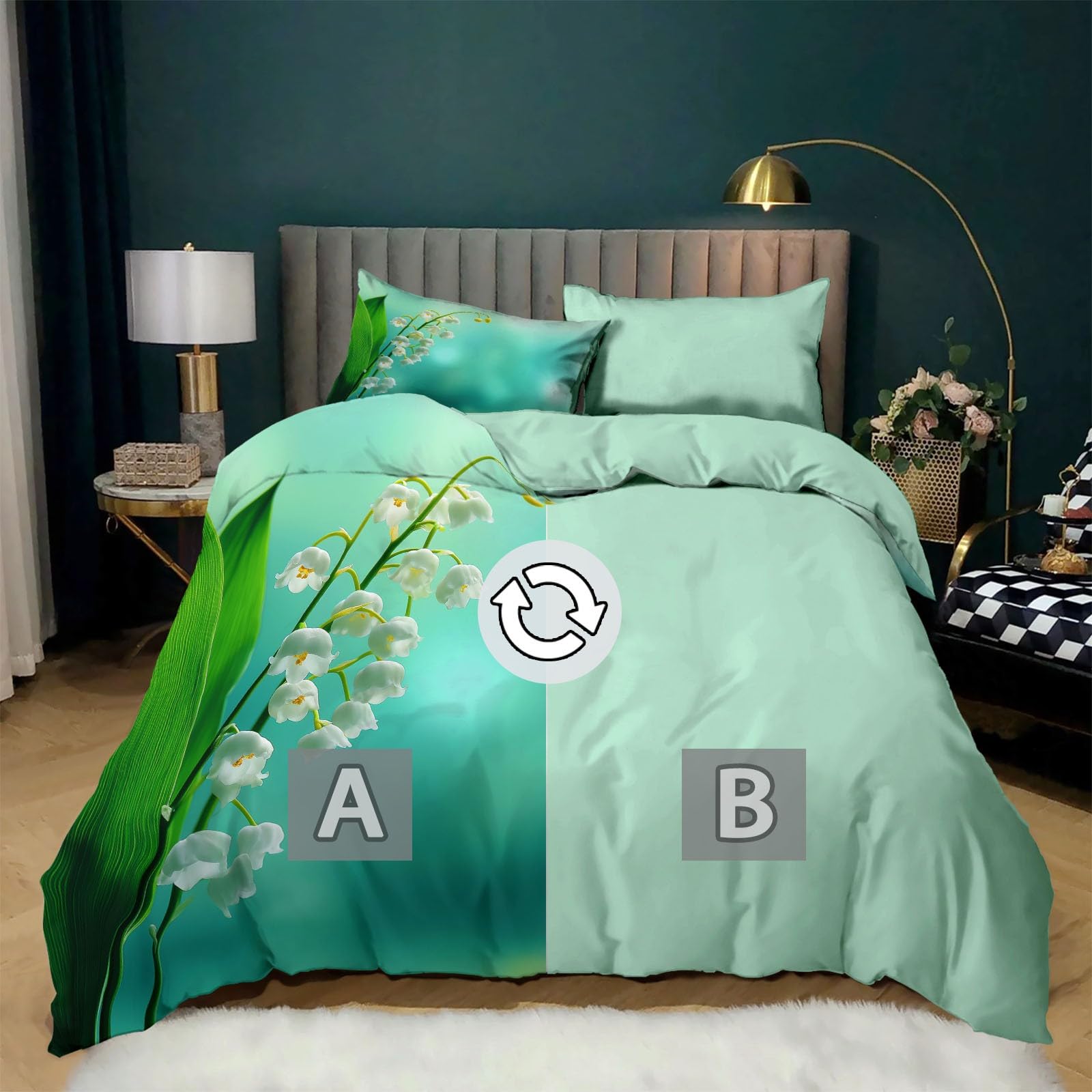 Juego de ropa de cama de 3 piezas, 220 x 240 cm, diseño de lirio de los valles, funda nórdica suave con cremallera y fundas de almohada