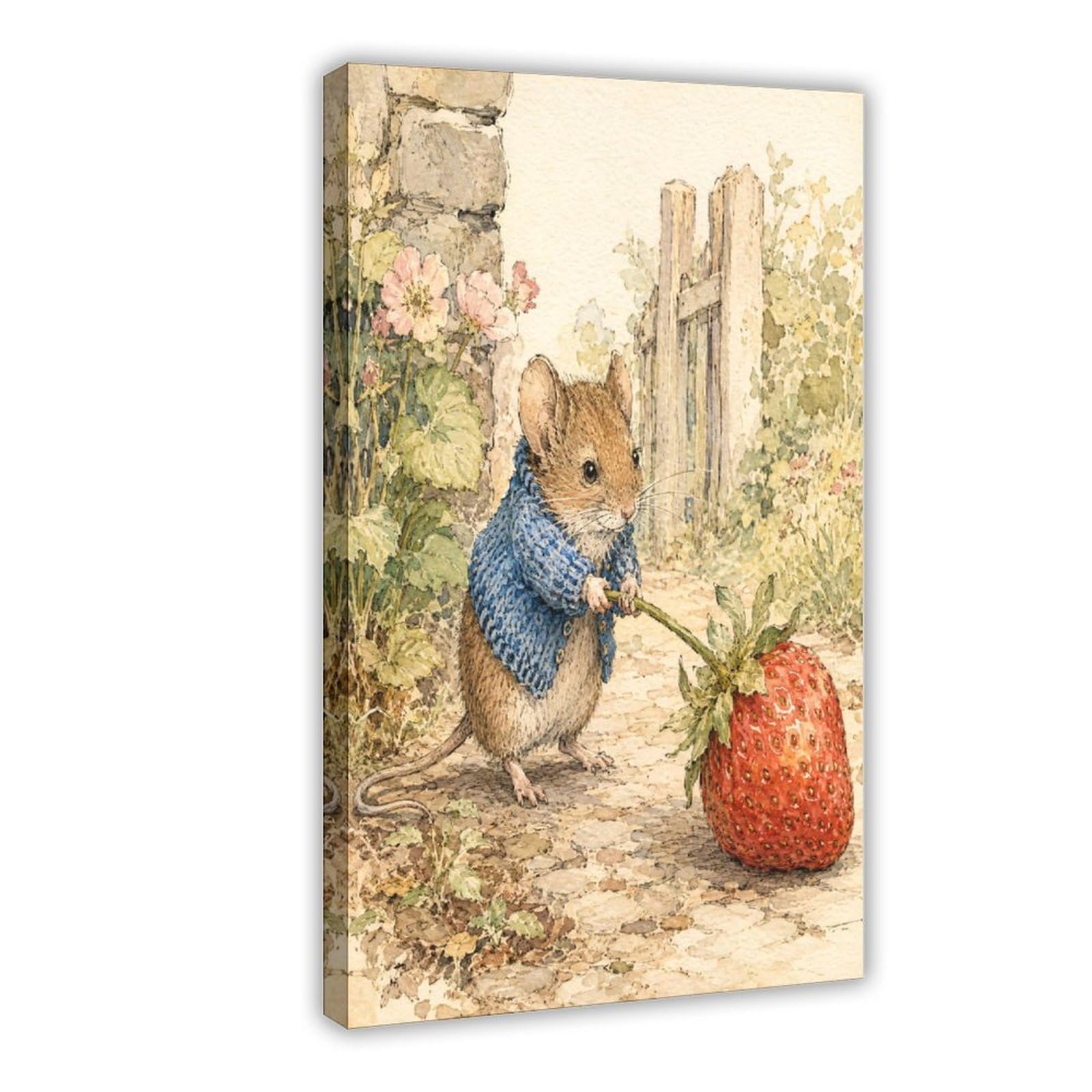 W7C8U2X3 Raton con Fresa Cuadro en Lienzo, Ilustracion Tierna Dormitorio | Libro de cuentos, Cuadro en Lienzo Estudio, Jardin de cuentos, Oficina, Arte Folk, Lienzo de Pared, 20x30inch(50x75cm).