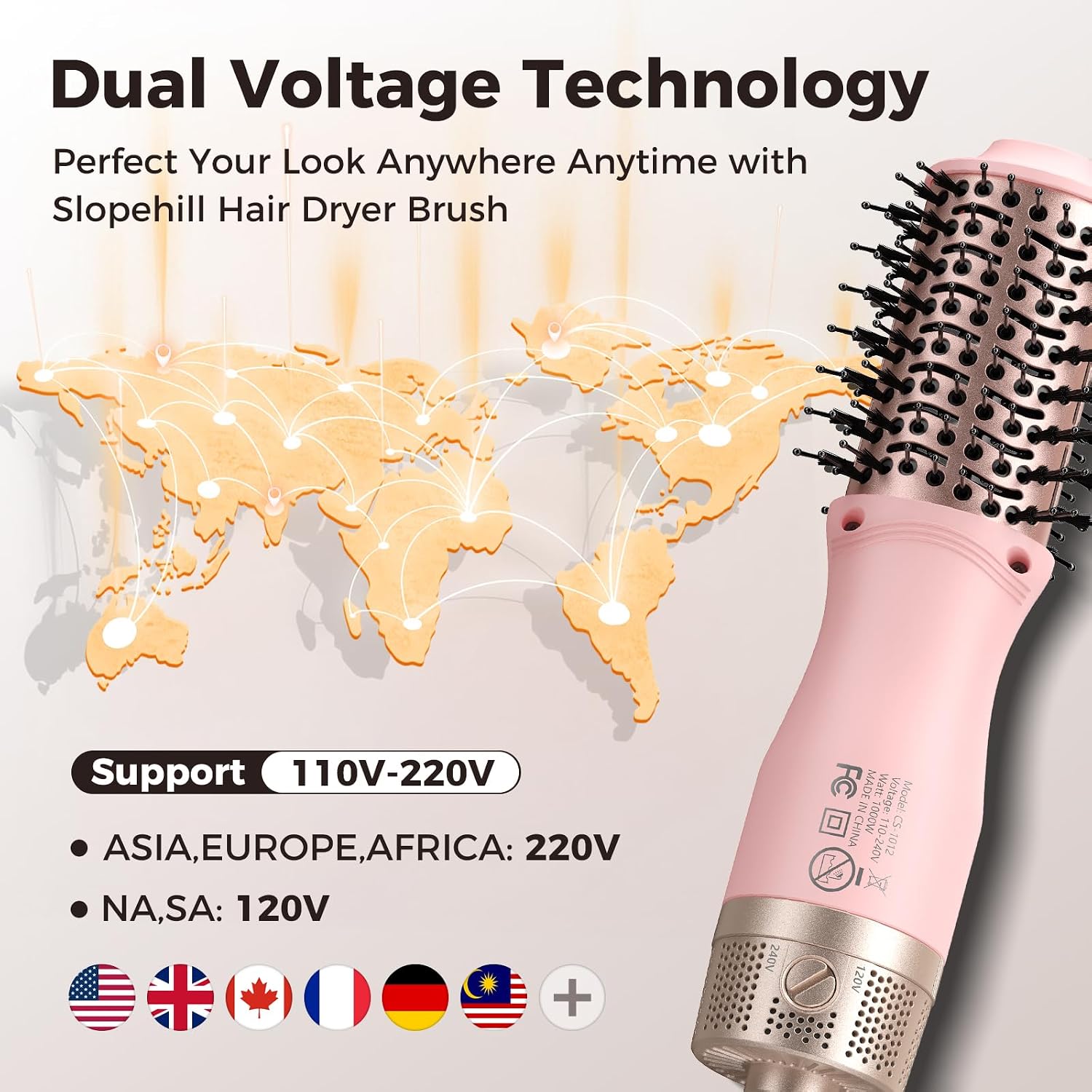 slopehill mini travel dual voltage hair dryer brush,1000 watts hot air brush with european plug, ionic hair dryer and styler for women, oval barrel 2 heat & 2 speed for international travel pink
