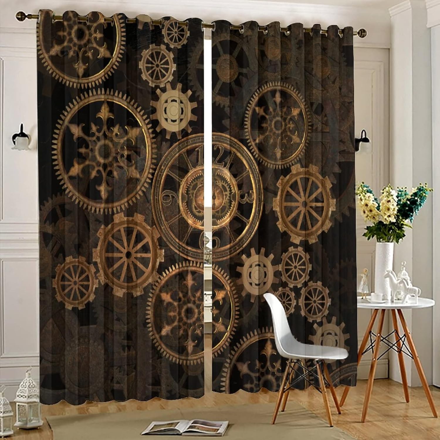 Abstract Modern Art Steampunk Curtains,Steam Punk Mechanical Antique Gears Clock Print Window Drapes Thermal Insulated Grommet Top Blackout Drapes for Bedroom 63L x 27.5W,2 Panels