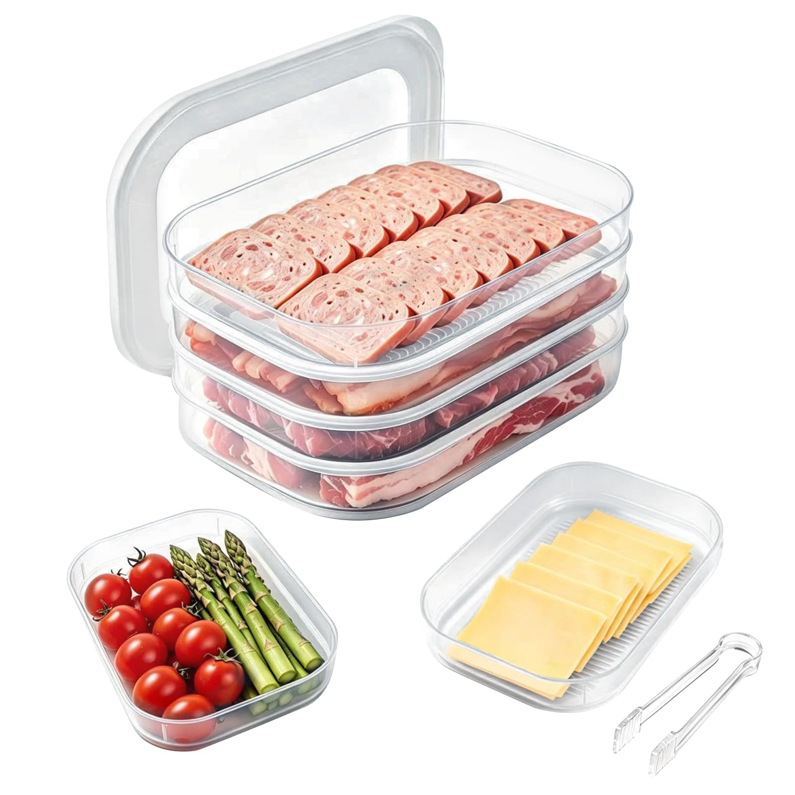 CEYAZYE 4 Layers Deli Meat Container for Fridge with Airtight Lid Clip, Stackable Cold Cuts Storage Containers for Refrigerator, Clear Bacon Lunch Meat Cheese Salami Organizer, Meal Prep & BPA Free