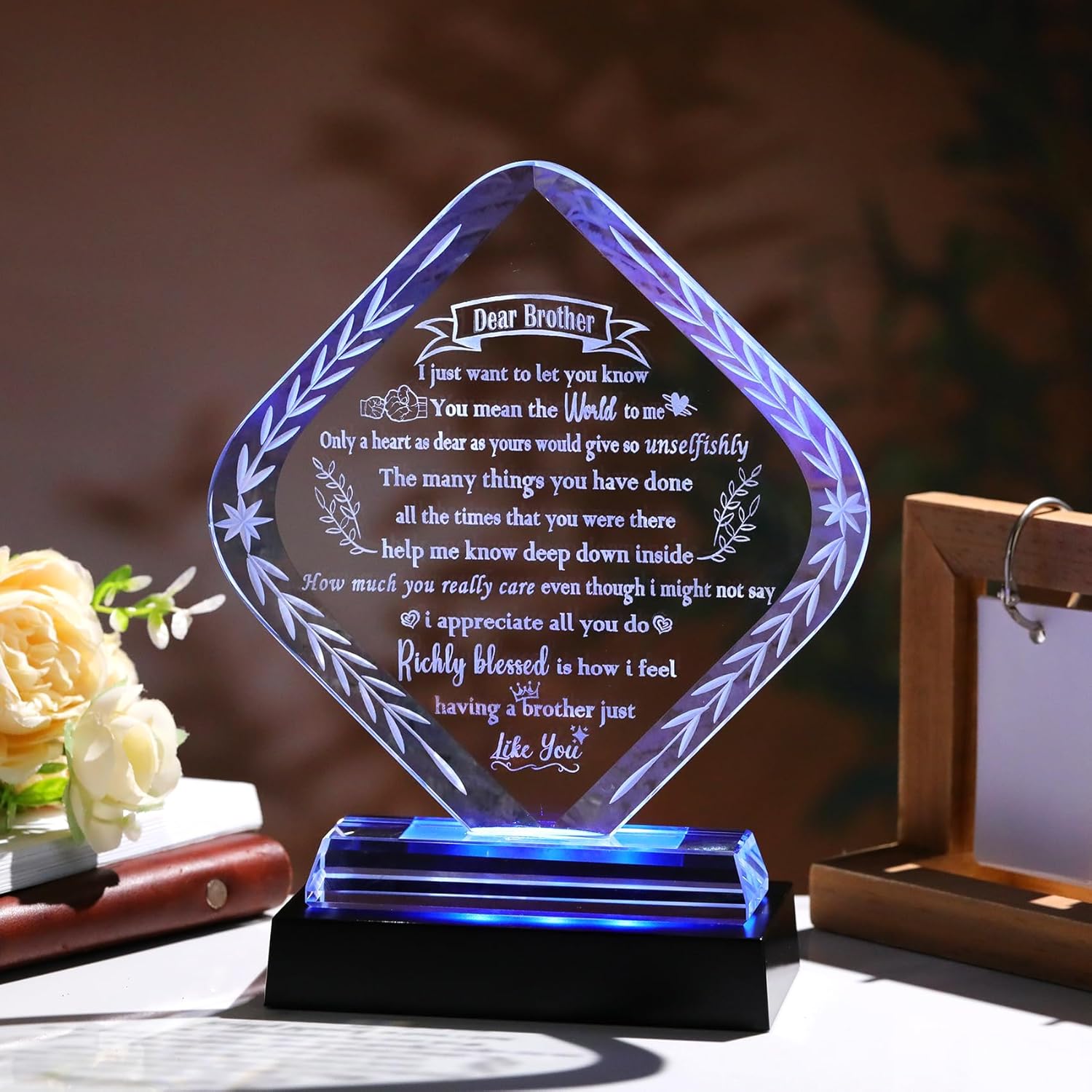 Meaningful Crystal Gifts for Brother From Brothers Sisters I Love You Personalised Glass Statue Plaque with LED Light Base Presents for Best Brother Birthday Christmas Keepsakes for Him Table Decor